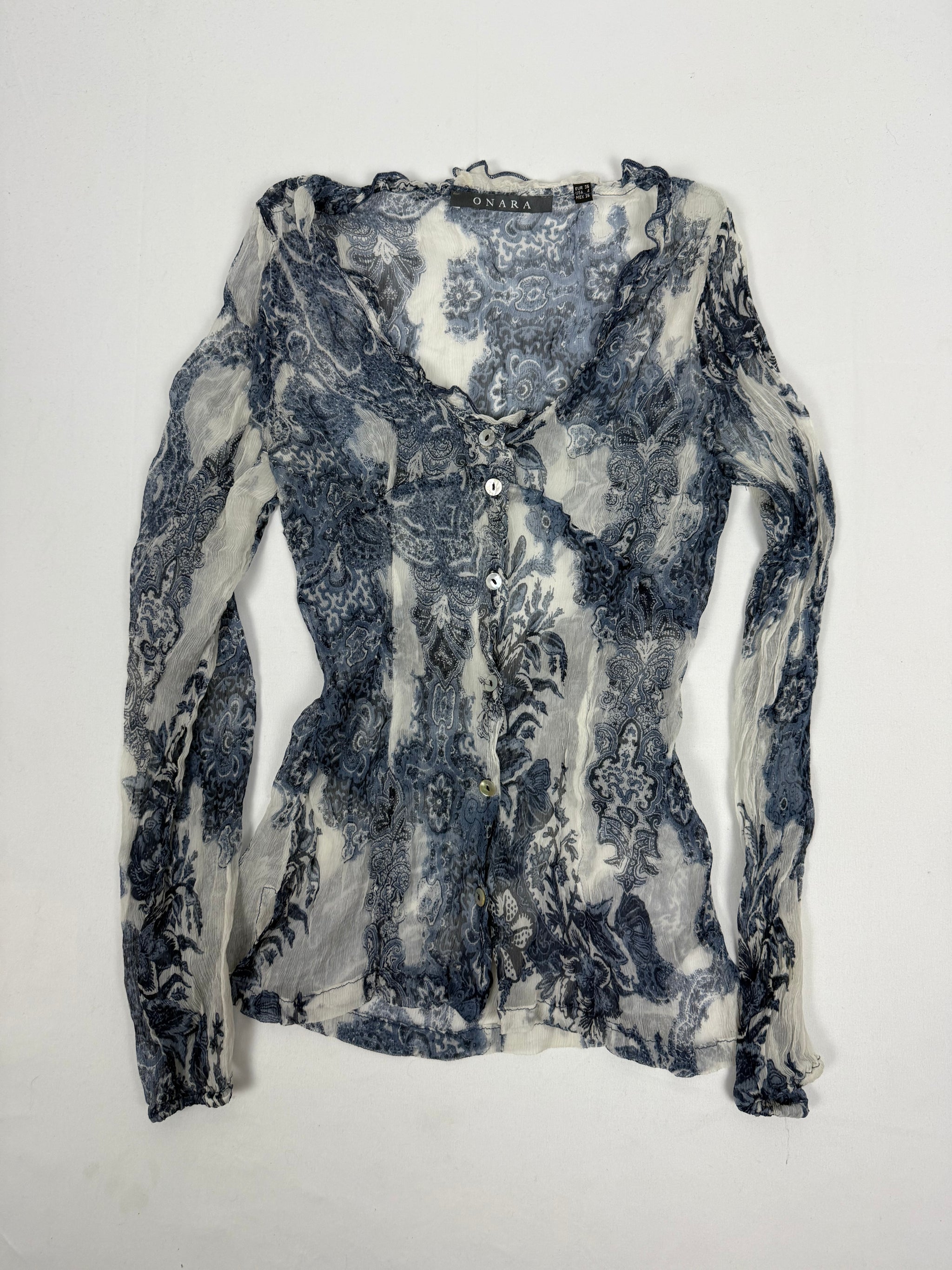 Blue see trough mesh silky long sleeves top (S)