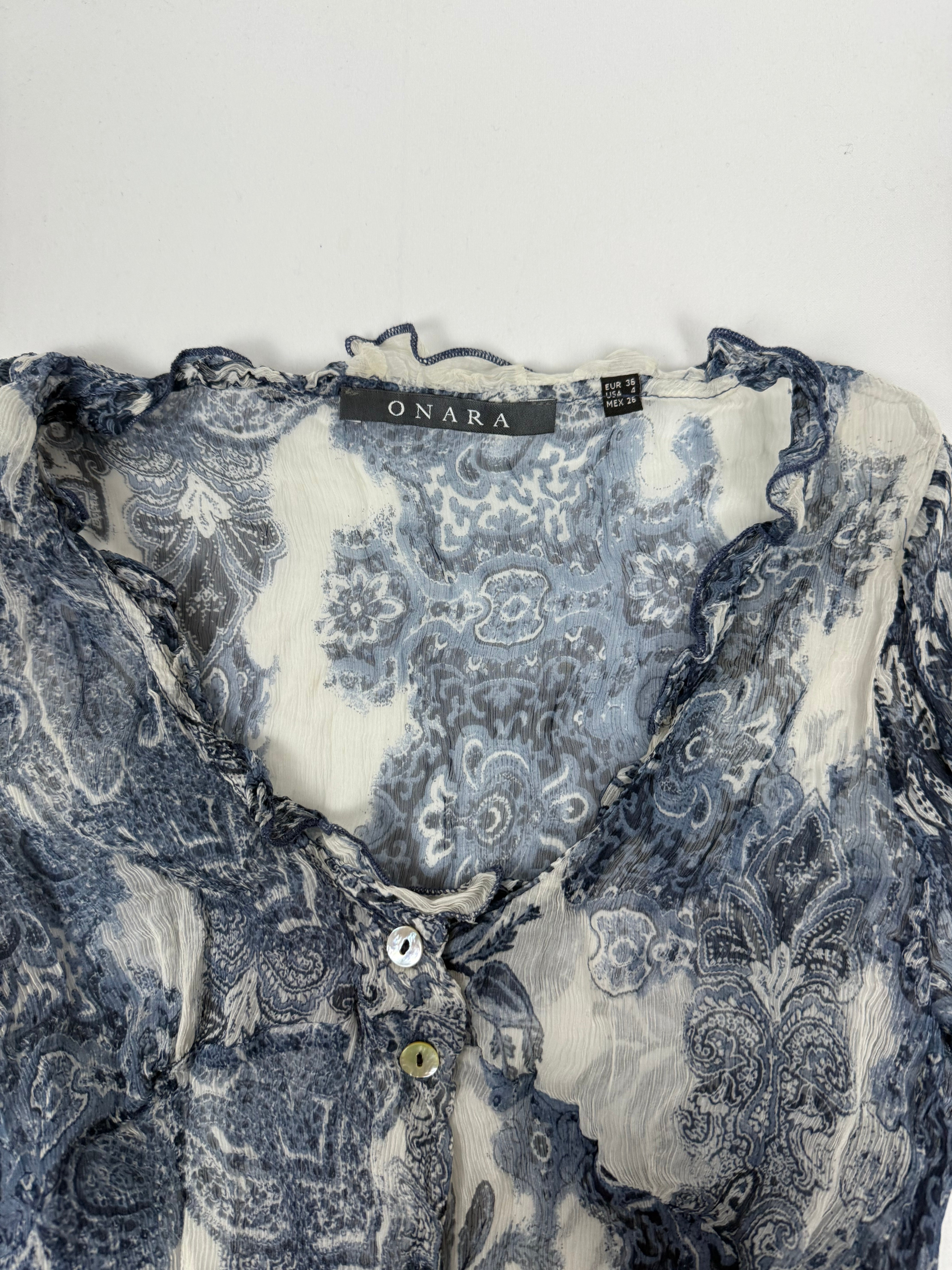 Blue see trough mesh silky long sleeves top (S)