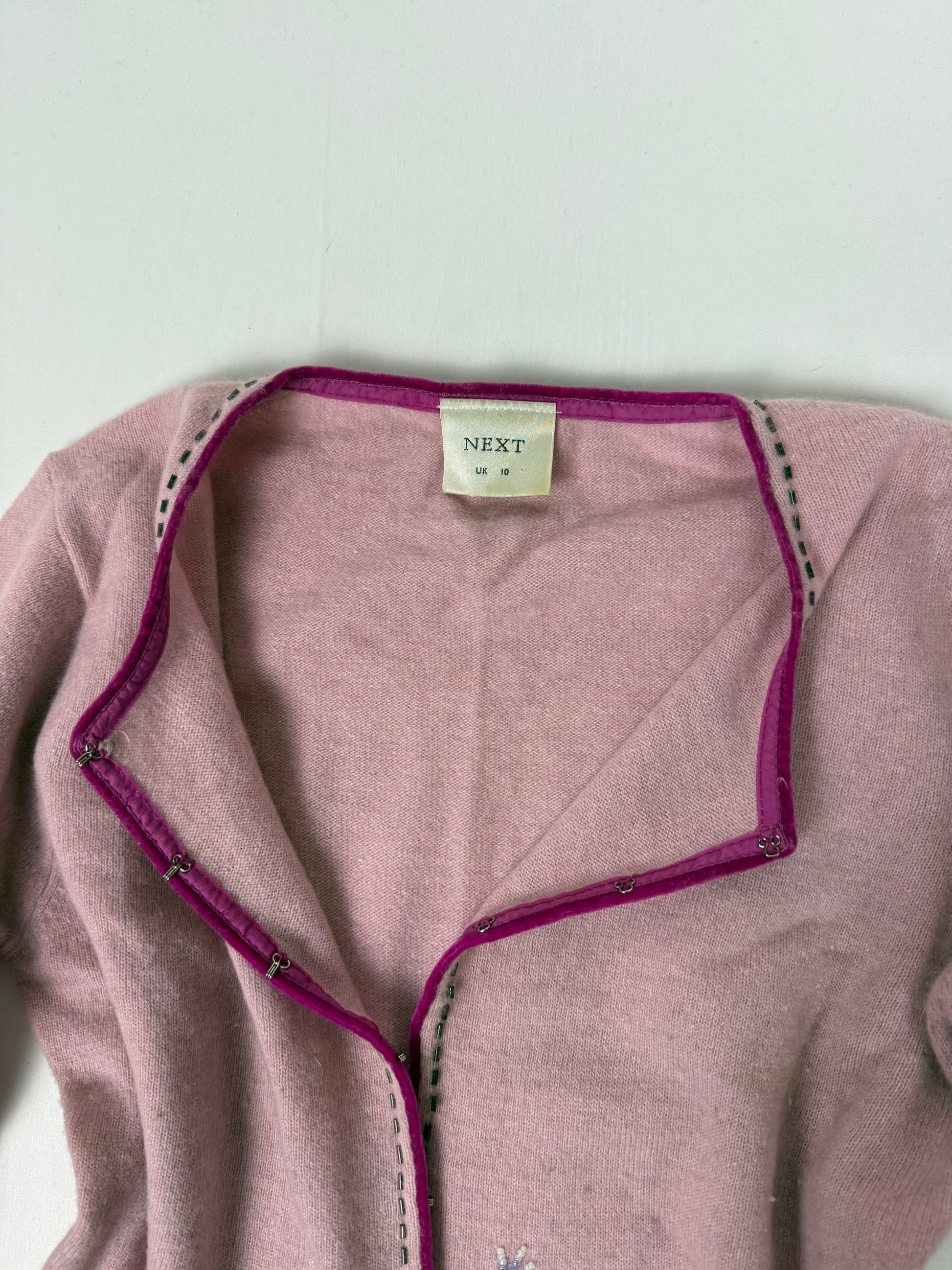 Pink lambswool cardigan embroidered jumper (M)