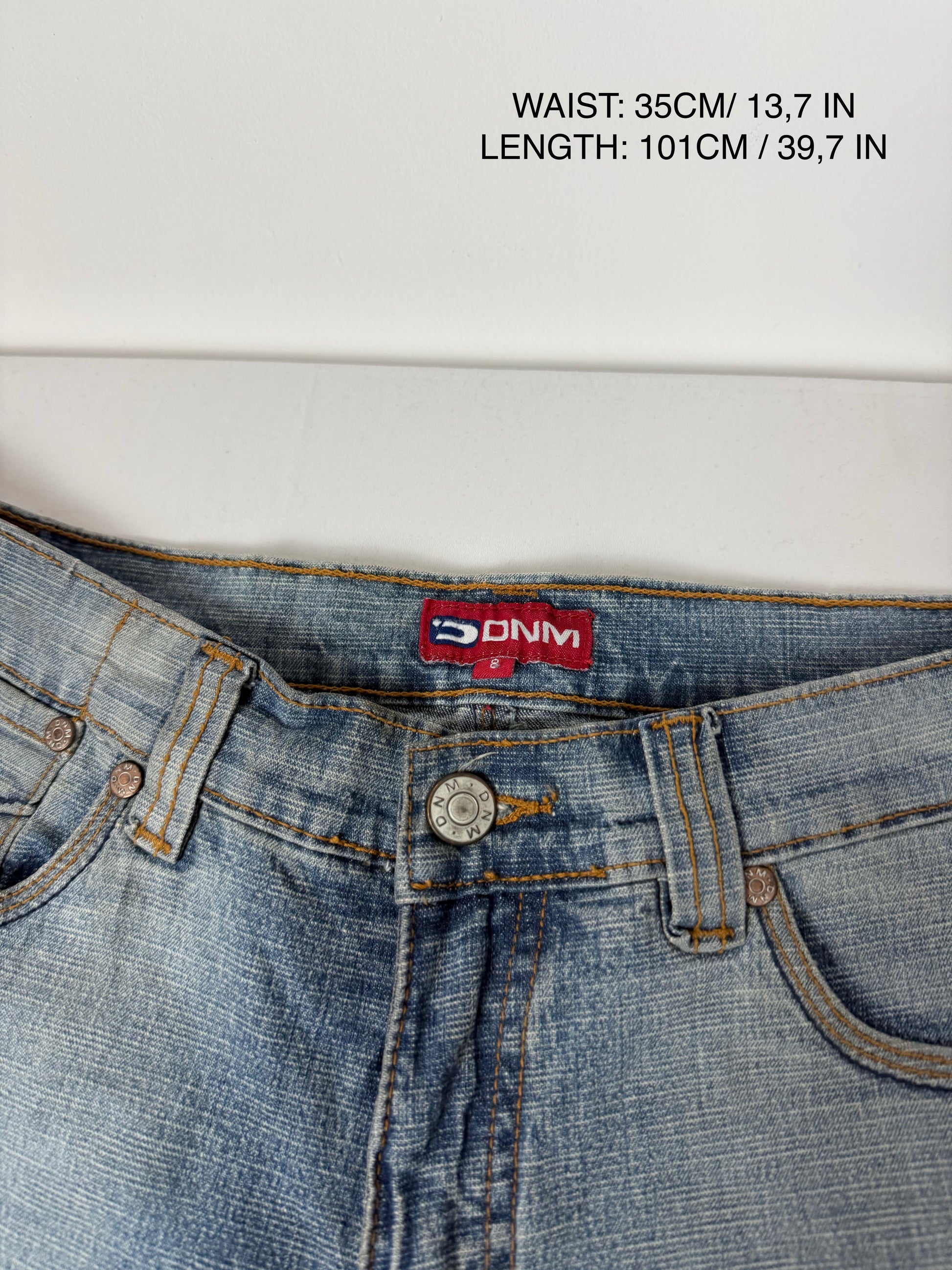 Blue denim low rise flare pants (S)