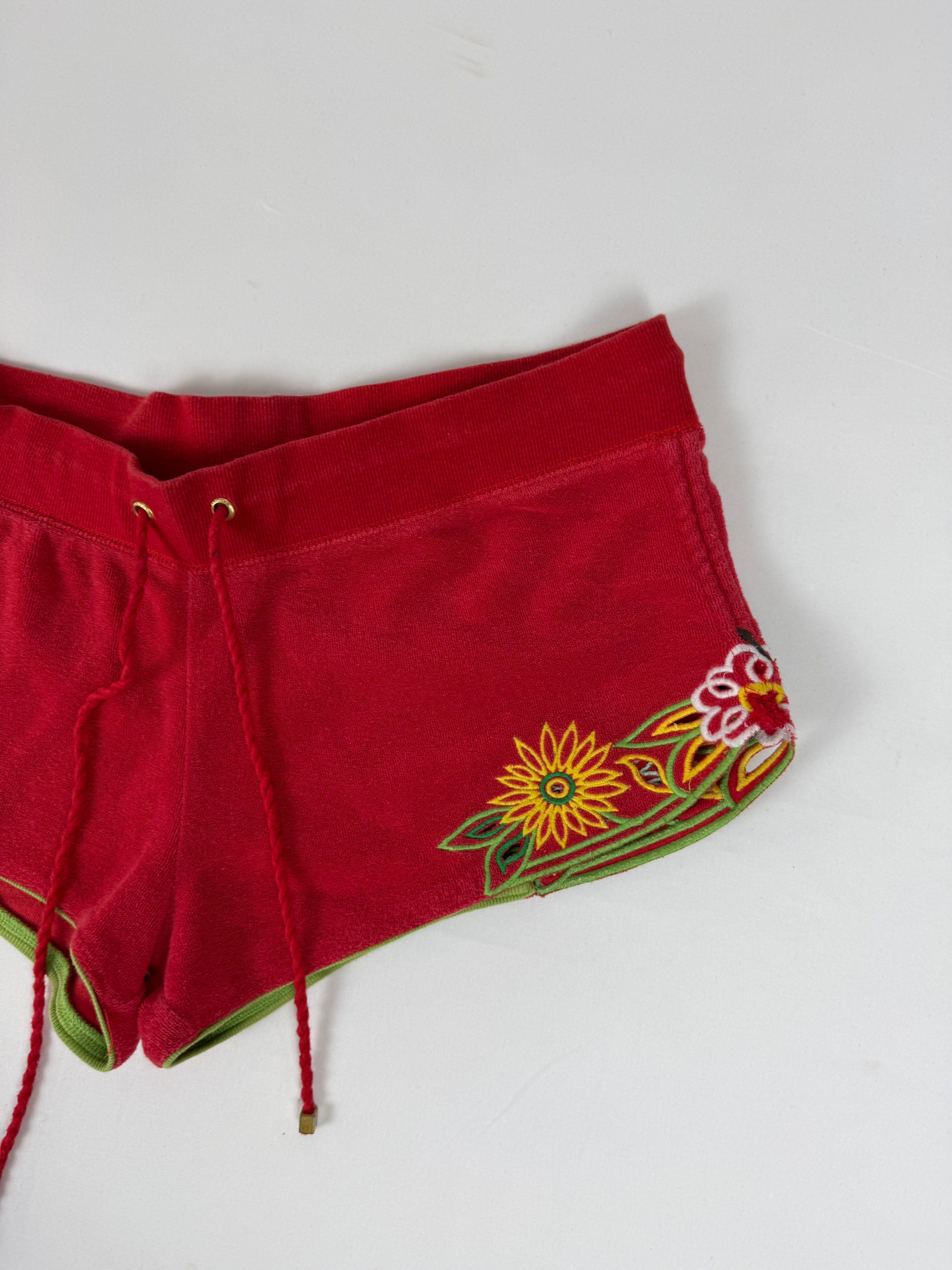 Red velvet embroidered low rise mini short (L)