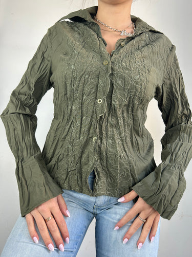 Khaki embroidered long sleeves shirt (S/M)