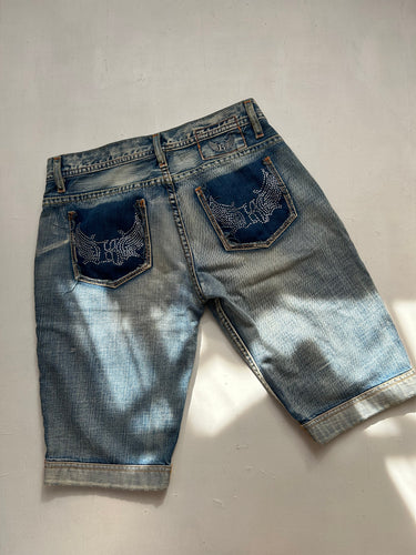 Blue low rise strass logo denim jorts (S)