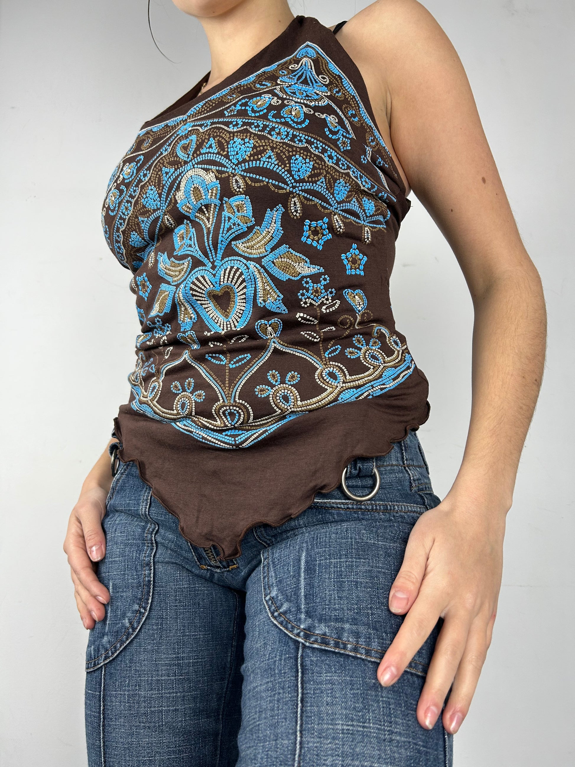 Brown graphic print halter top (S/M)