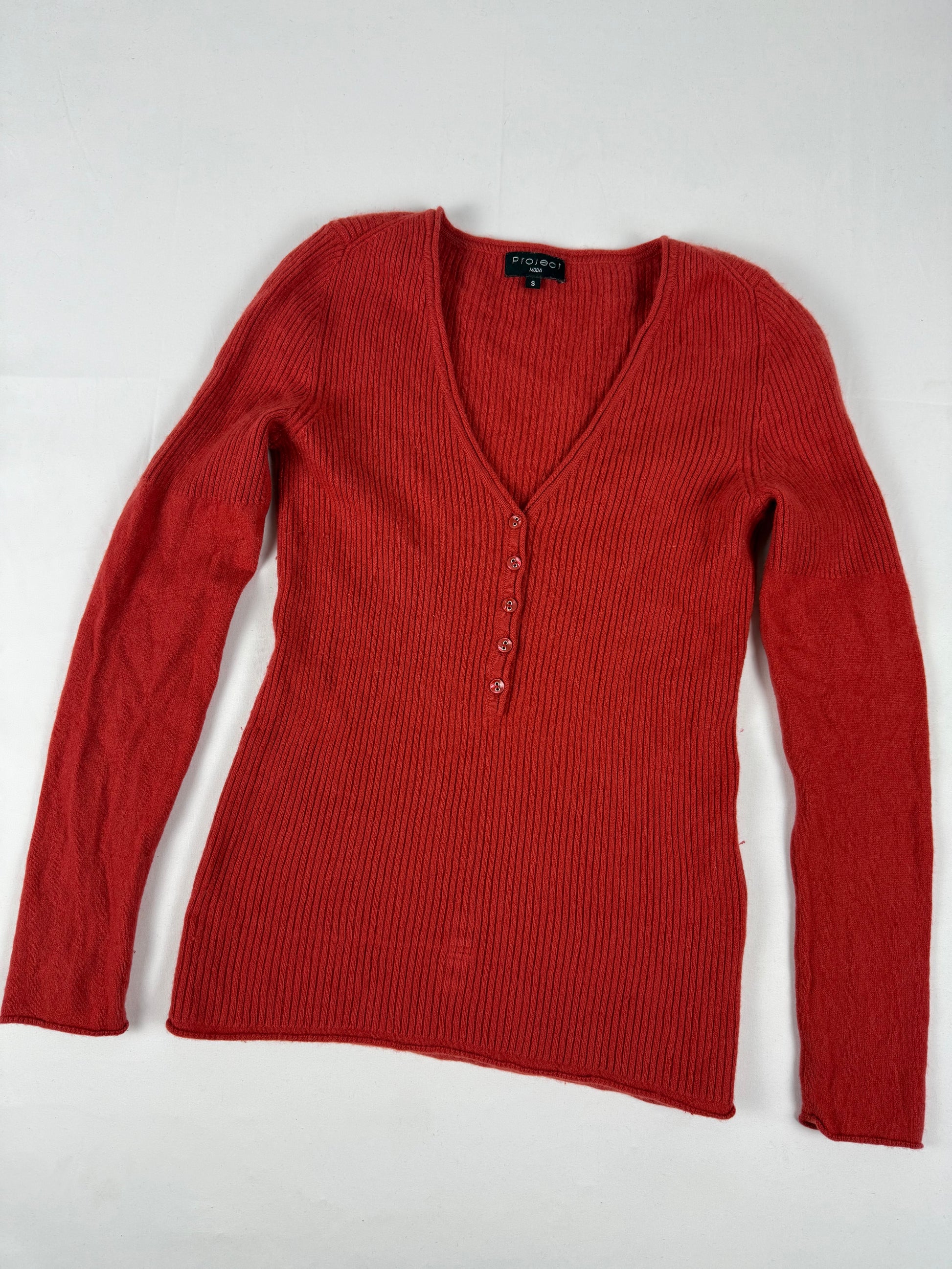 Orange 100% cashmere ribbed V neck tight fit jumper (S/M)