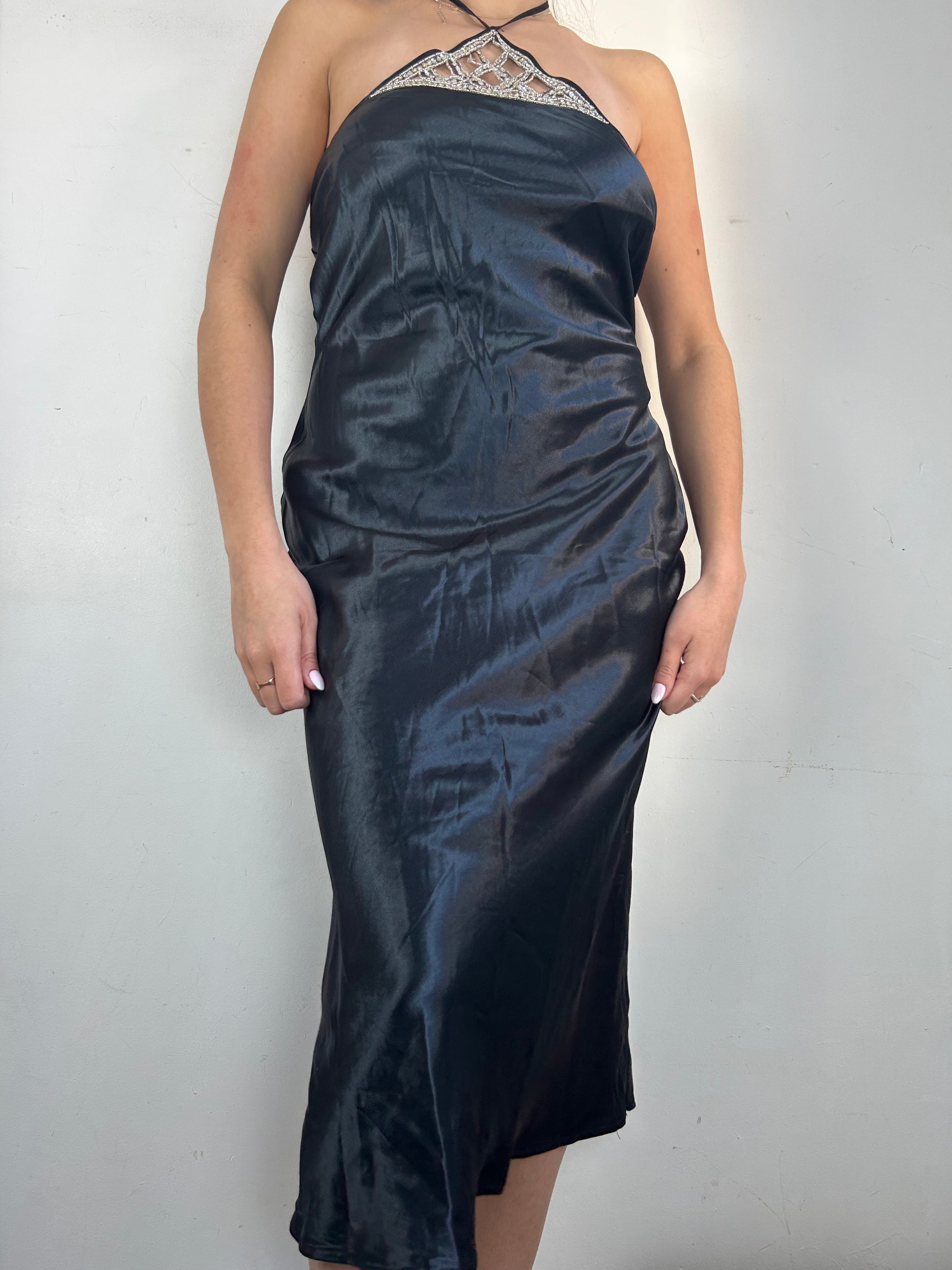 Black satin & pearls maxi dress (M)