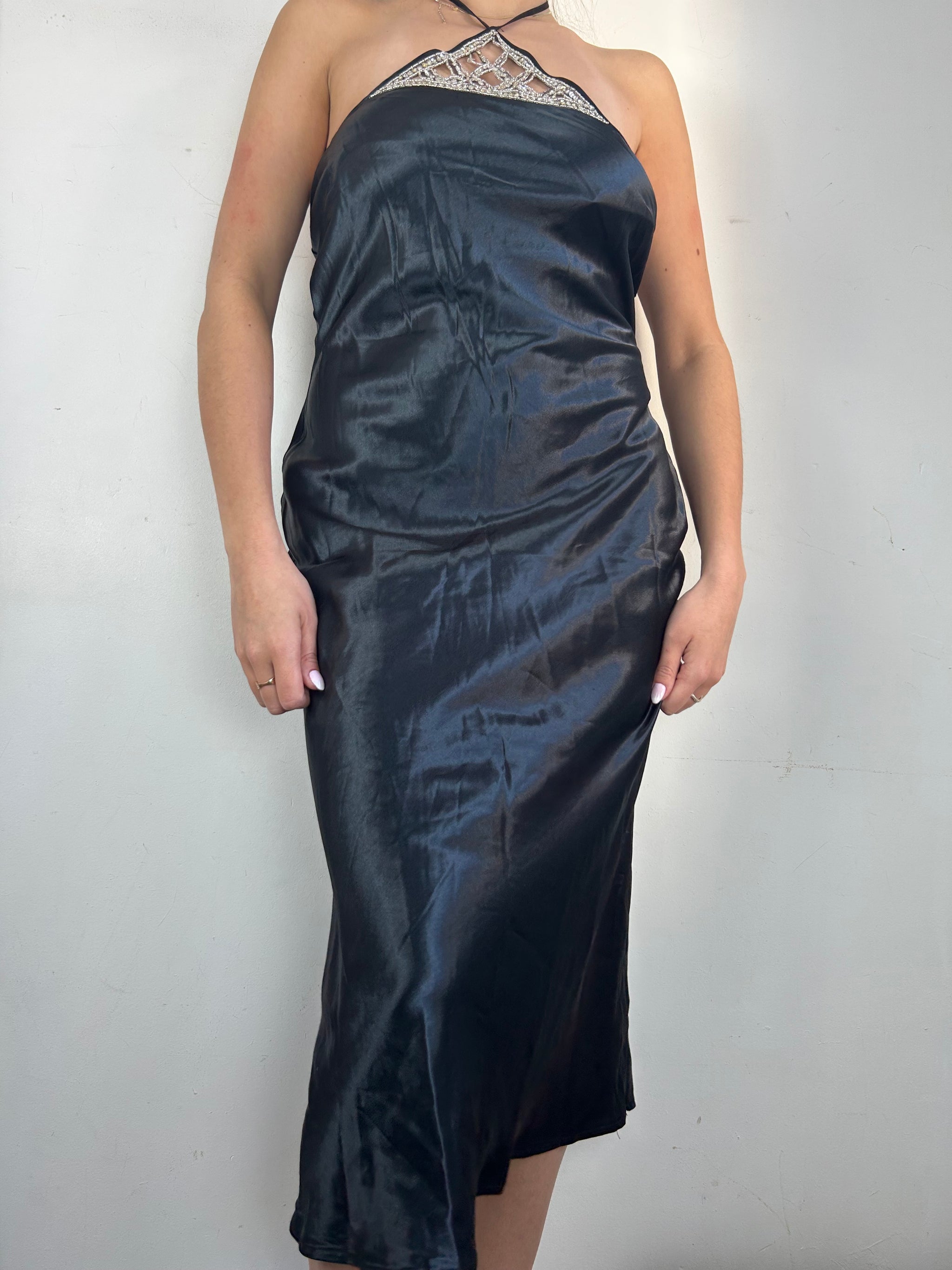 Black pearls halter silky maxi dress (M)