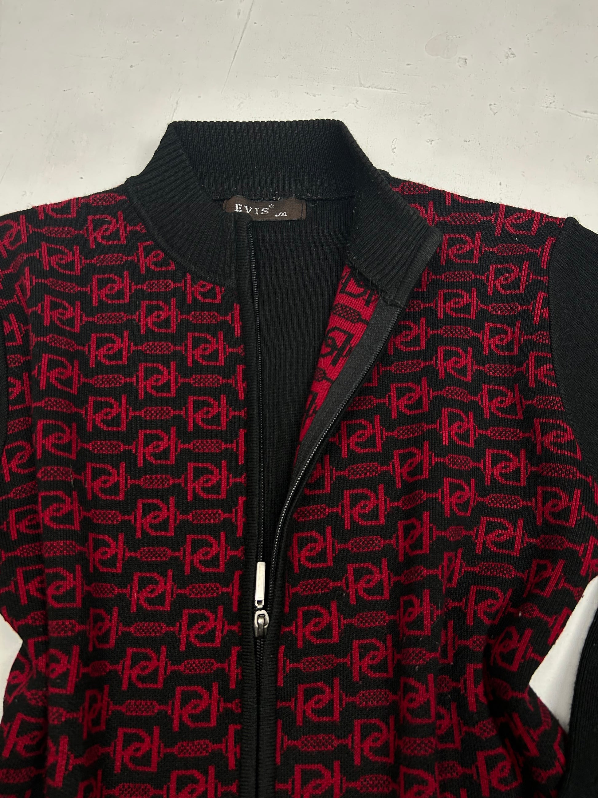 Red & black  wool zip up knitted jumper (S/M)