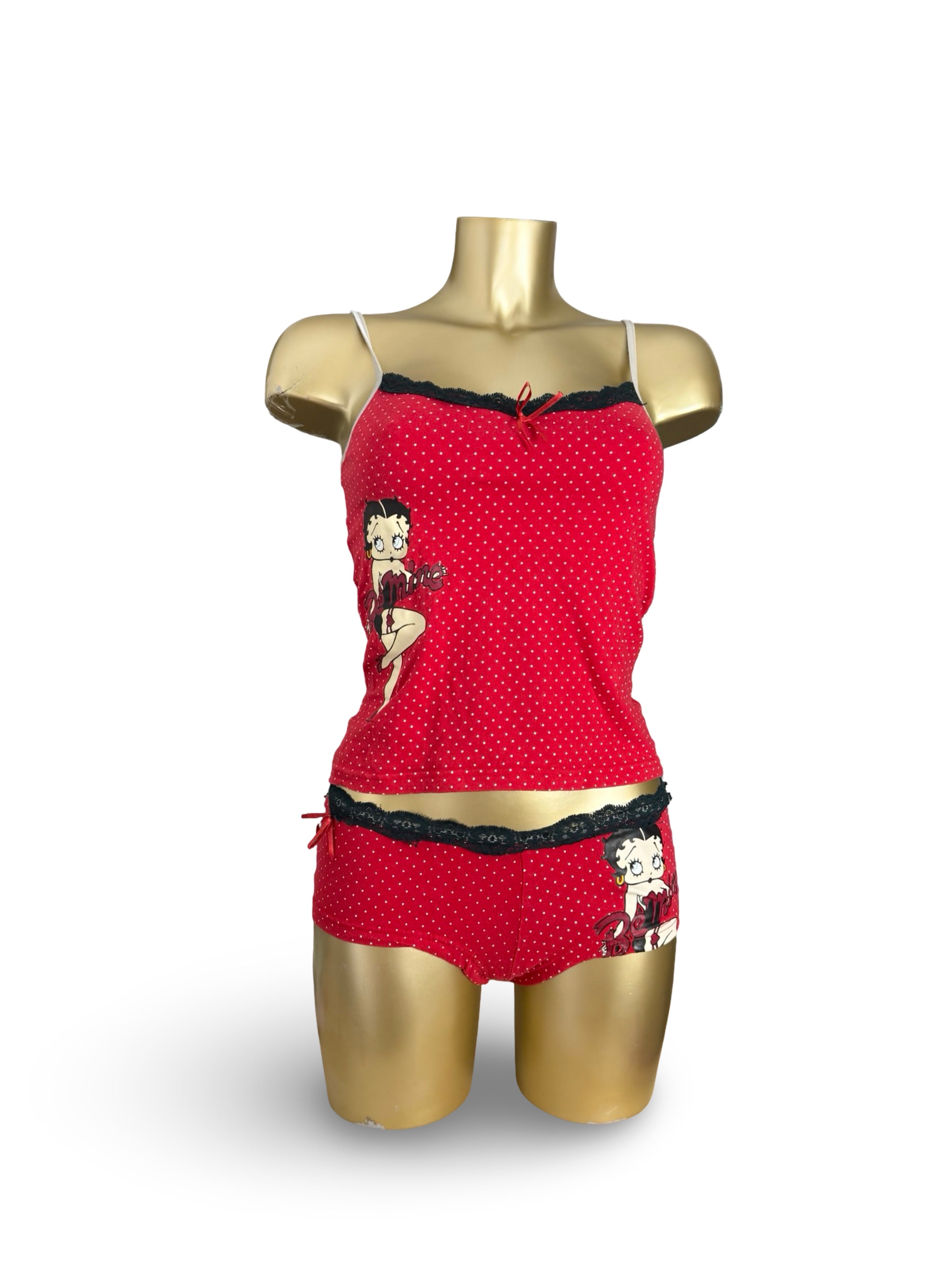 Red polka dots cotton top + shorty set (M)
