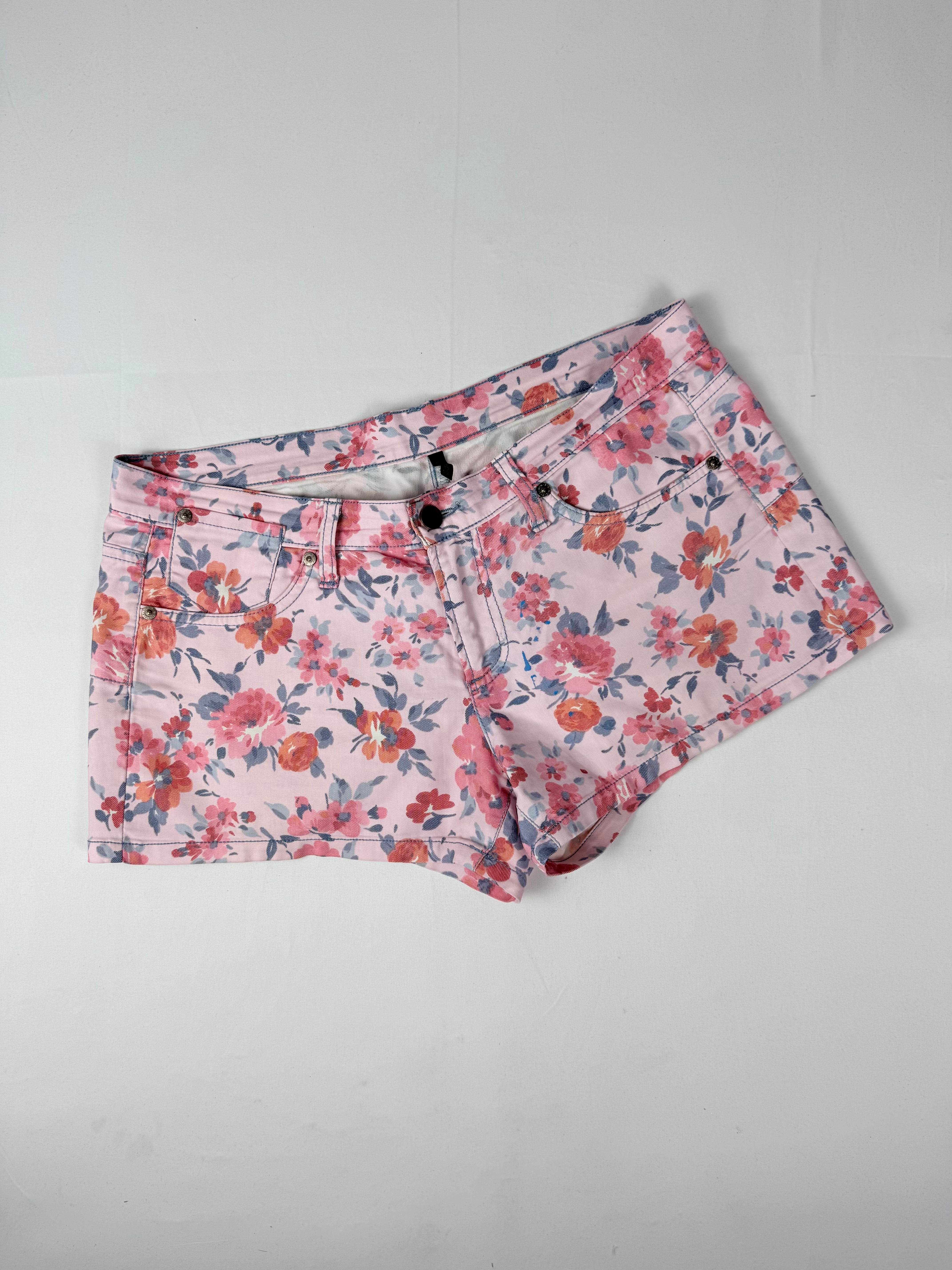 Pink floral low rise denim mini short (XL)