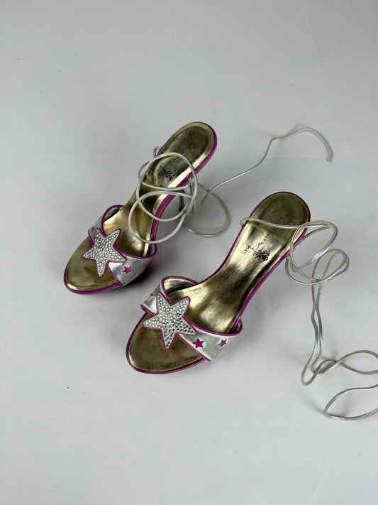 Silver & pink stars lace up heels (36)