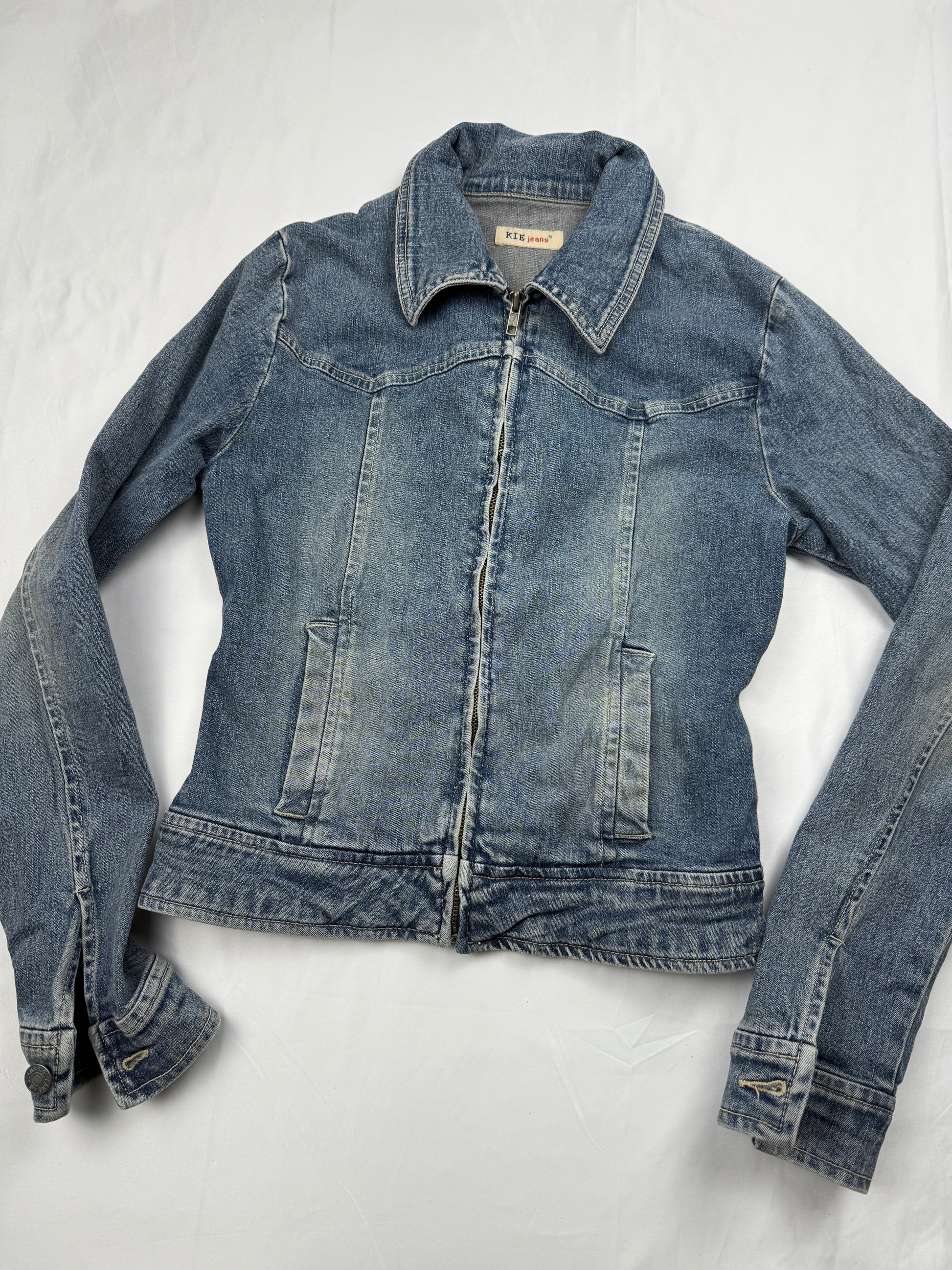 Blue denim zip up biker jacket (S)