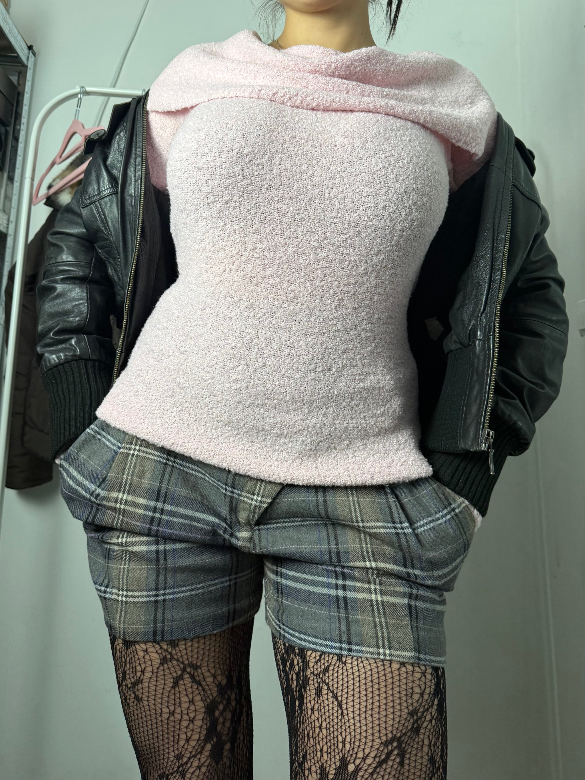 Grey check print office wool mini short (L)