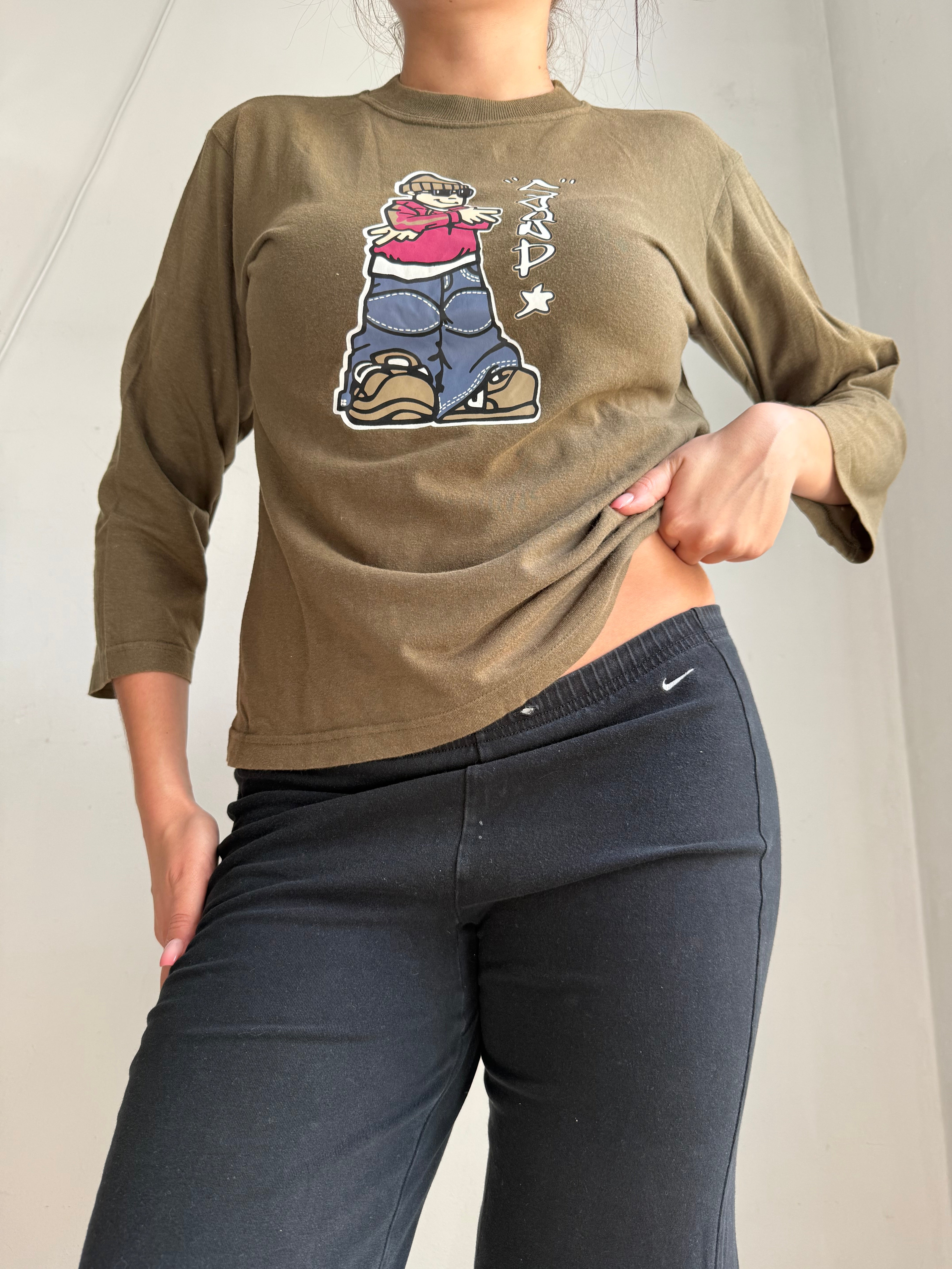 Khaki graphic cotton 3/4 sleeves top (XL)