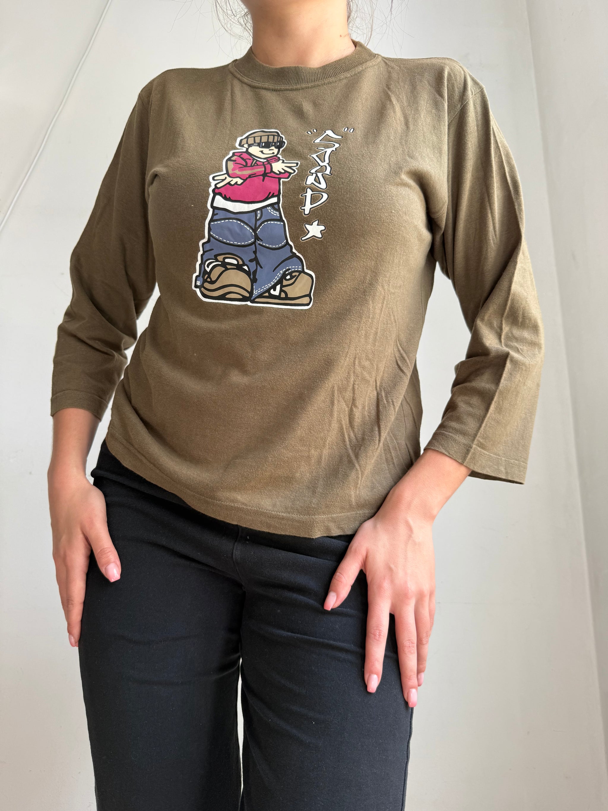 Khaki graphic cotton 3/4 sleeves top (XL)