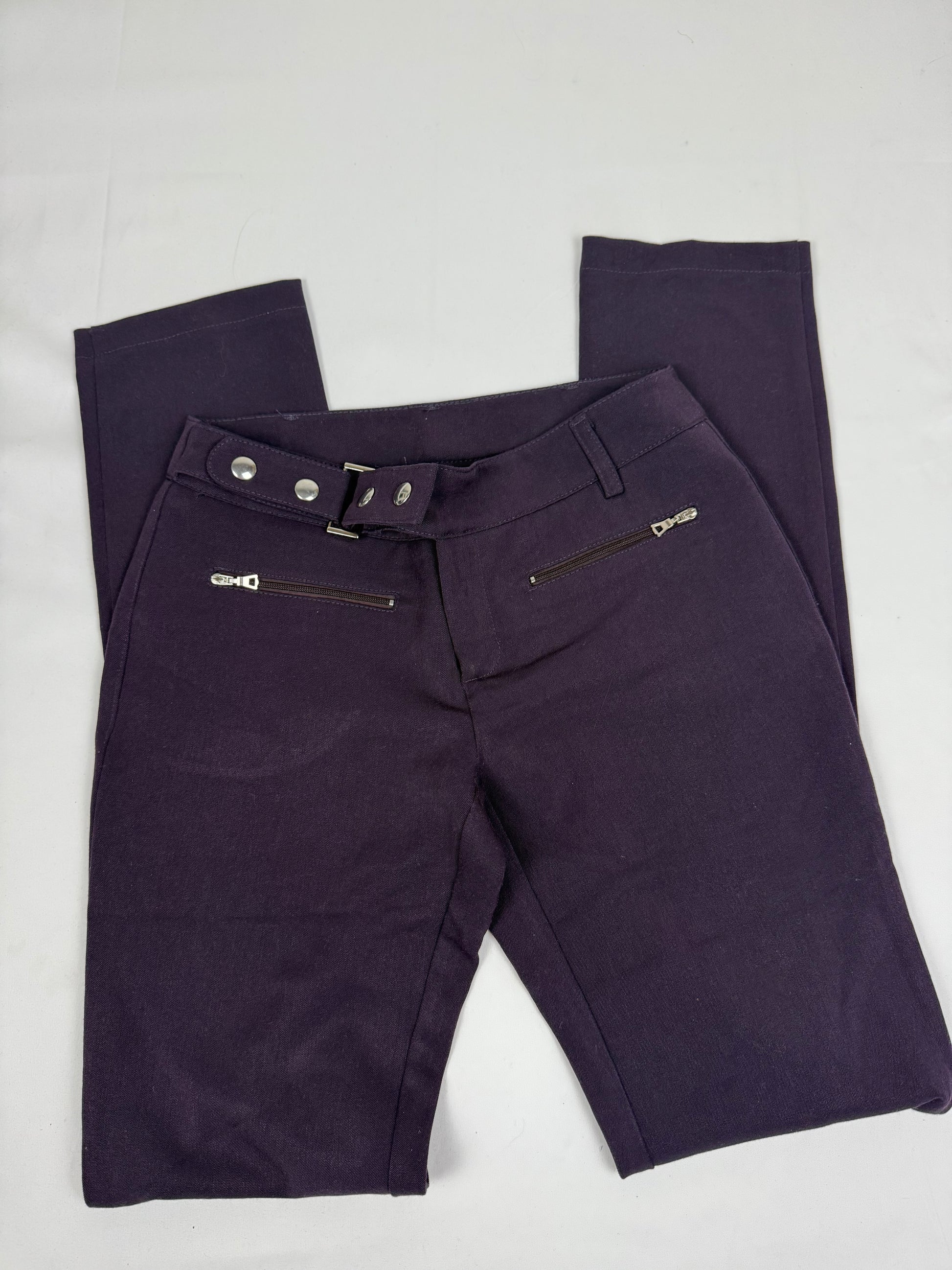 Purple stretchy low mid rise skinny belt pants (XS)