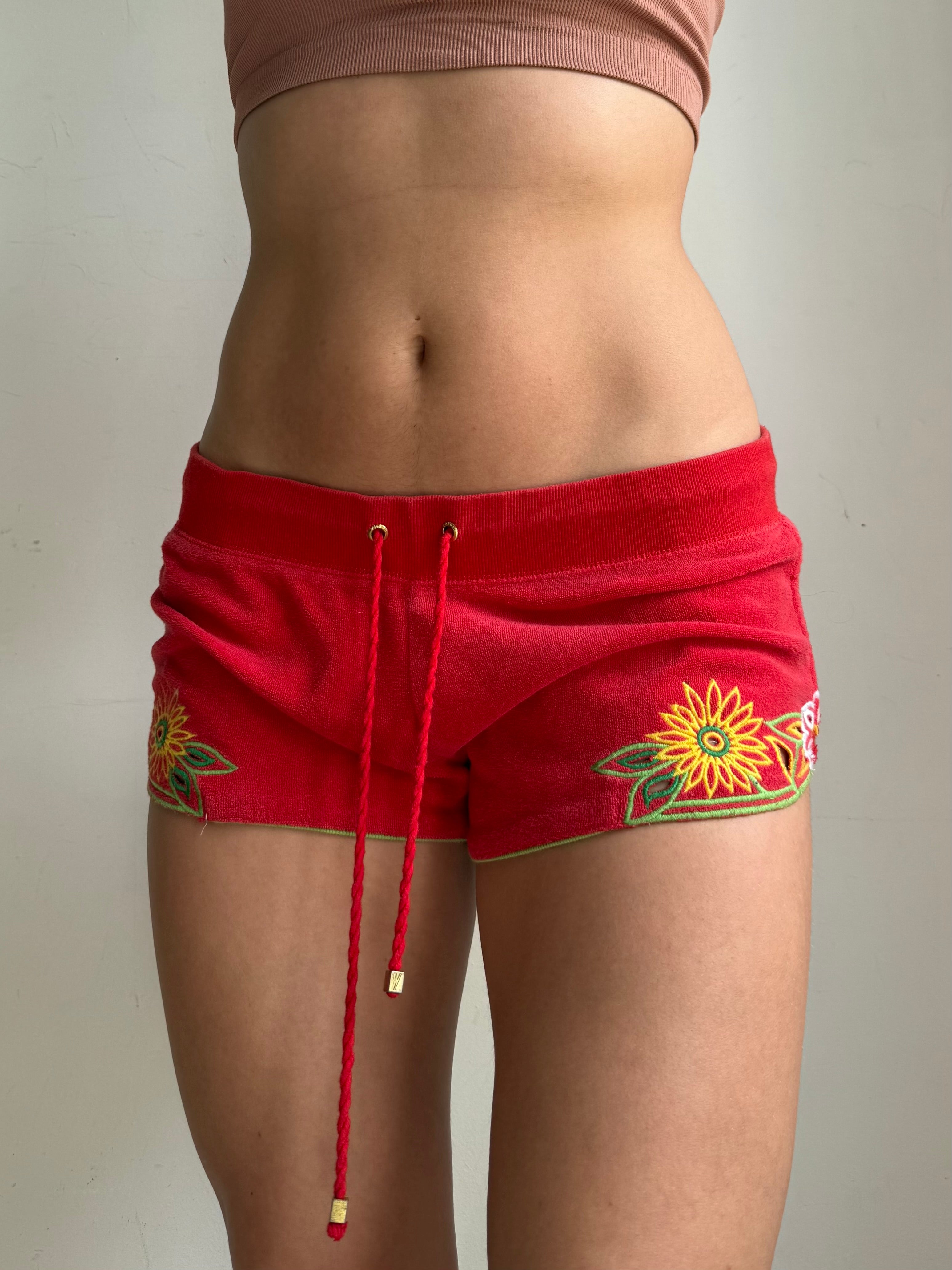 Red velvet embroidered low rise mini short (L)