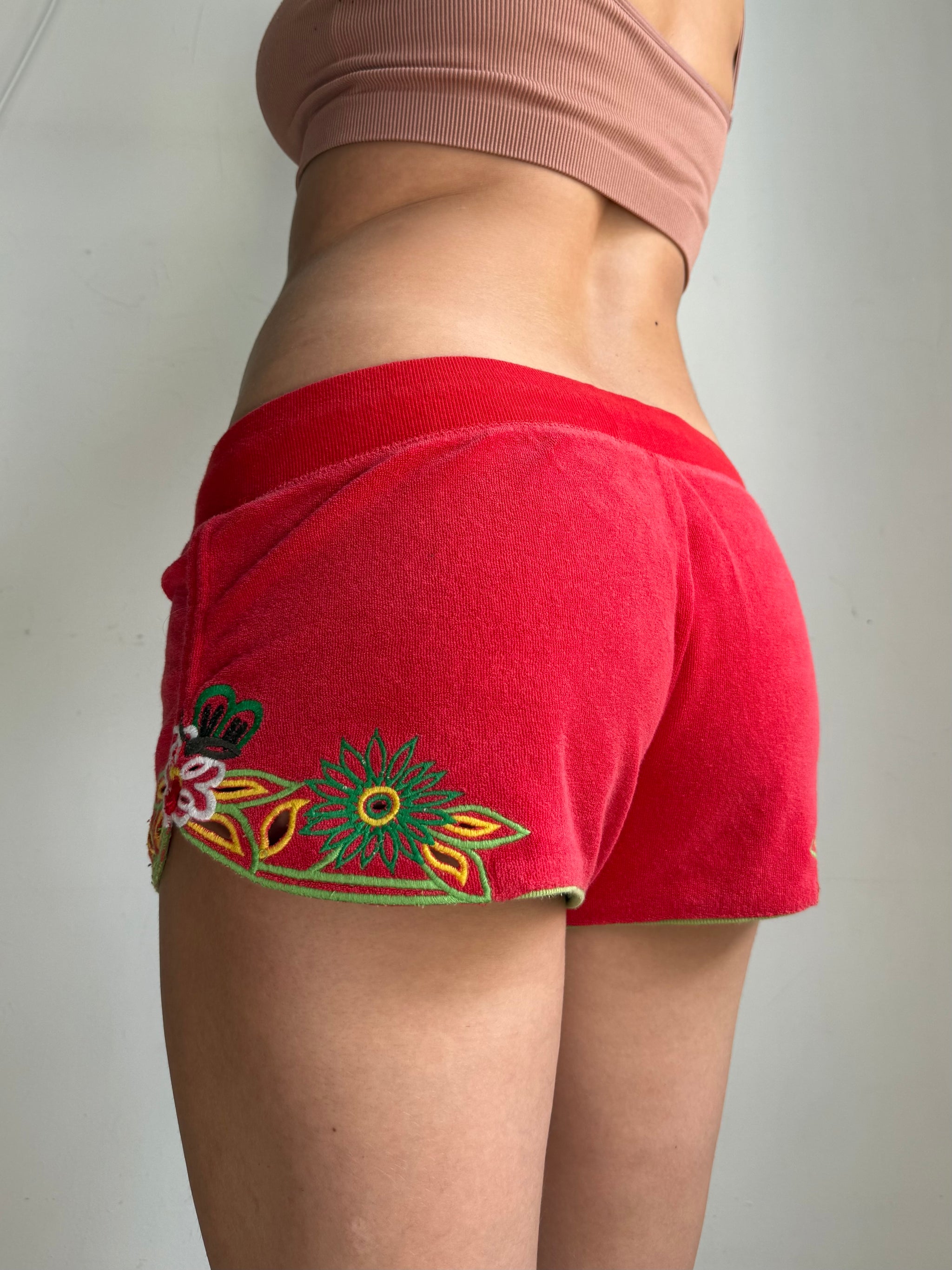 Red velvet embroidered low rise mini short (L)