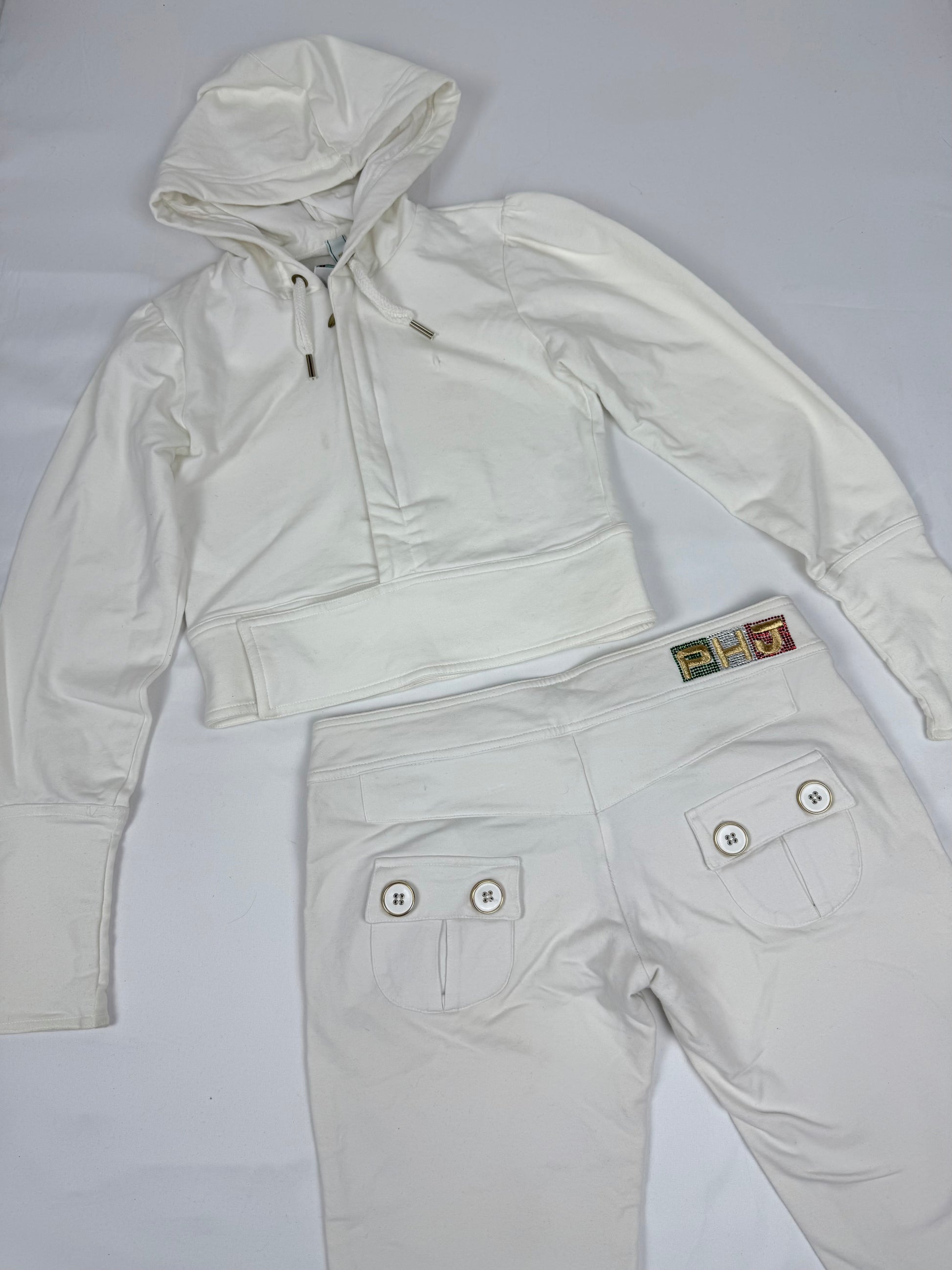 White cotton zip up tight fit hoodie + capri pants set (S)