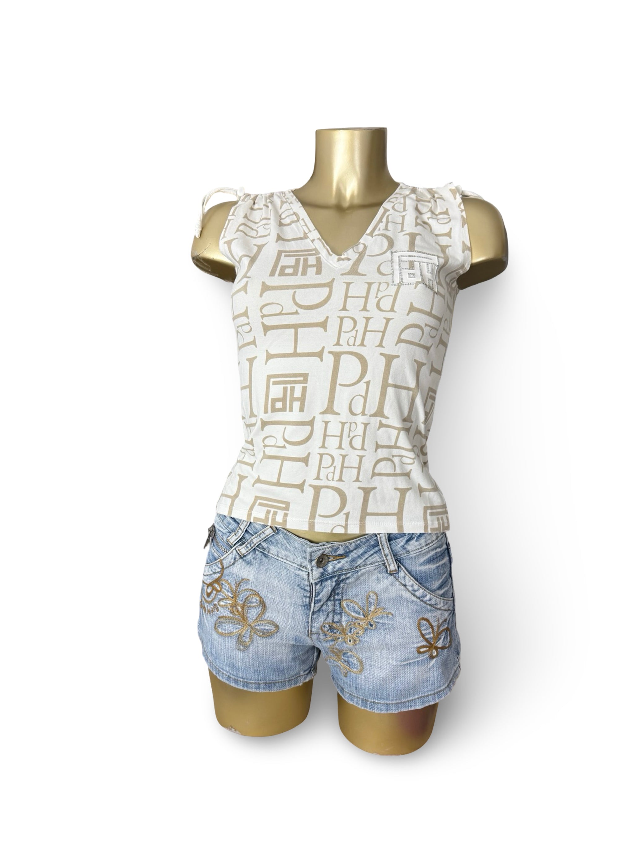 White graphic ruched tight fit top (S)