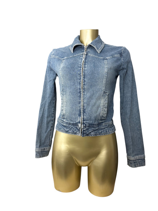 Blue denim zip up biker jacket (S)