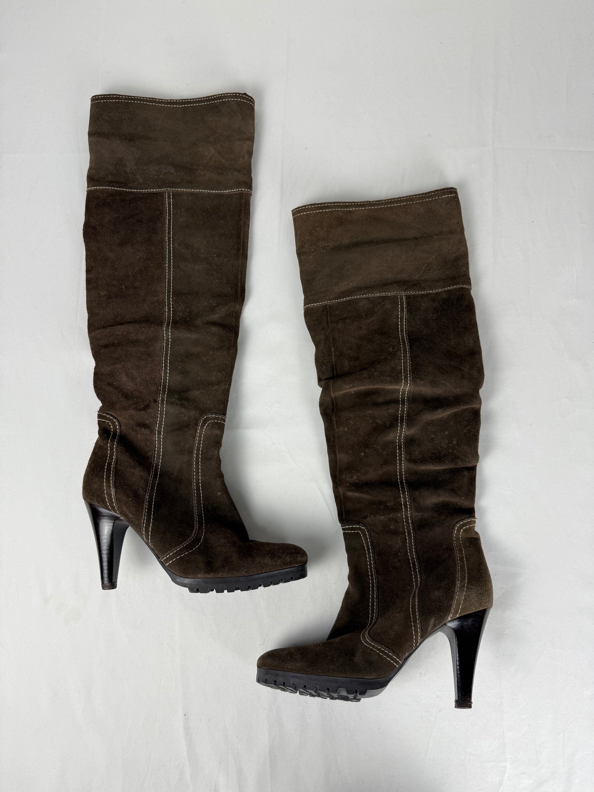 Khaki suede leather heels knee high boots (39)