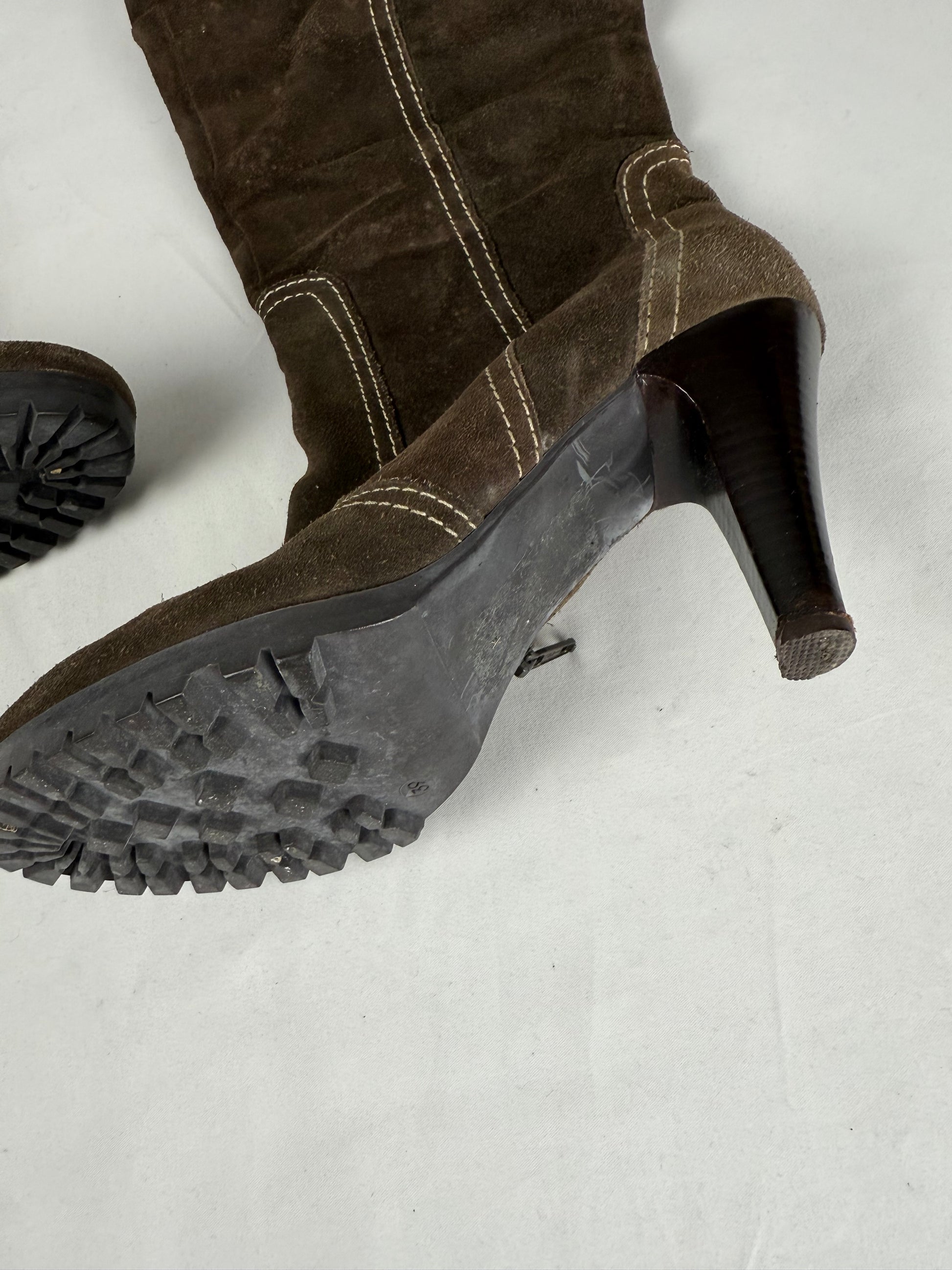 Khaki suede leather heels knee high boots (39)