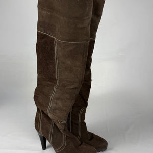 Khaki suede leather heels knee high boots (39)