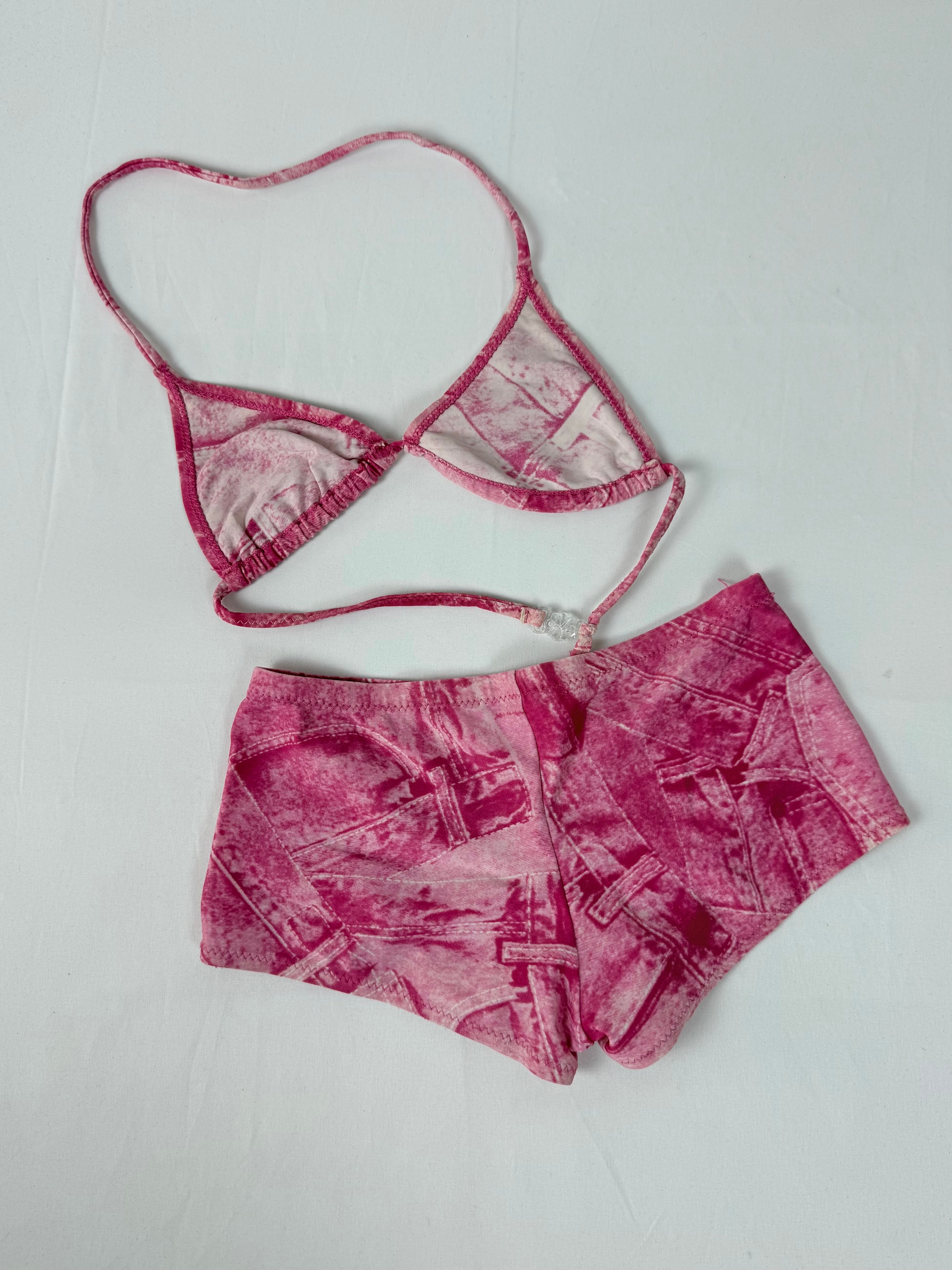 Pink denim print low rise shorty bikini set (XS)