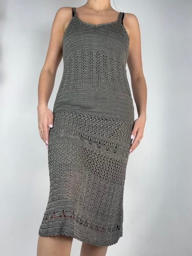 Khaki crochet lined midi dress (S)