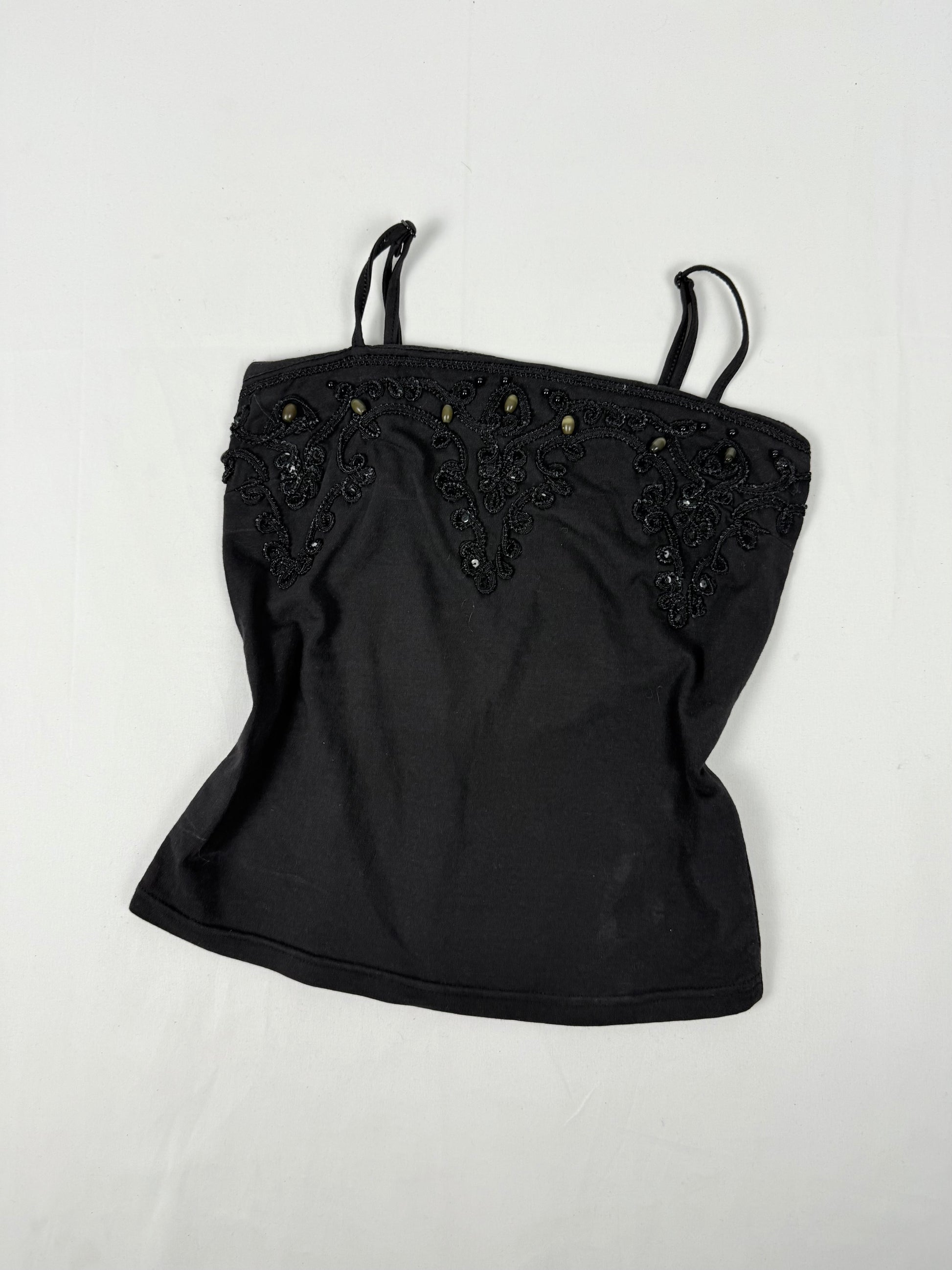 Black embroidered pearls cami top (S)