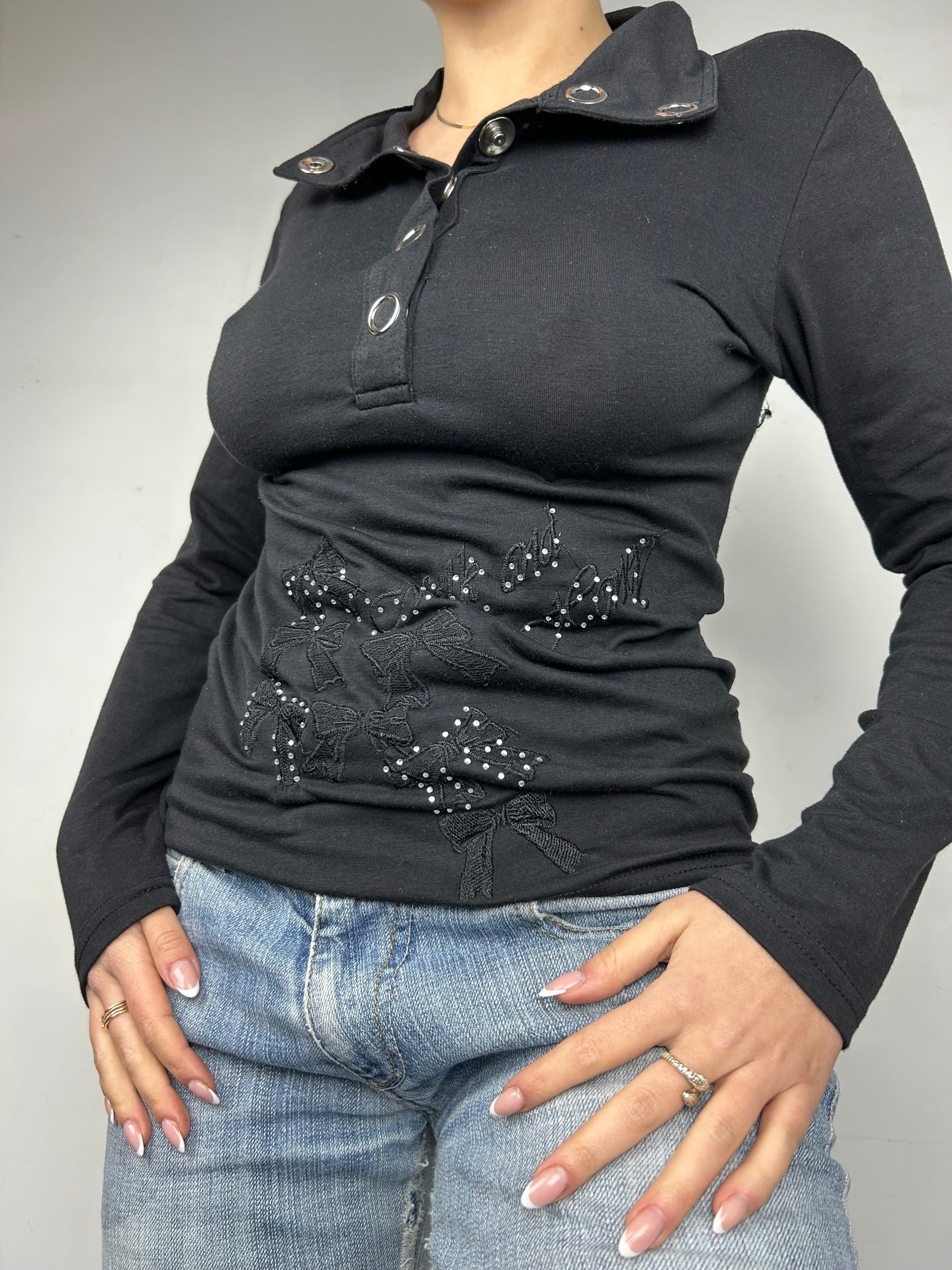 Black polo lace bow long sleeves top (S/M)