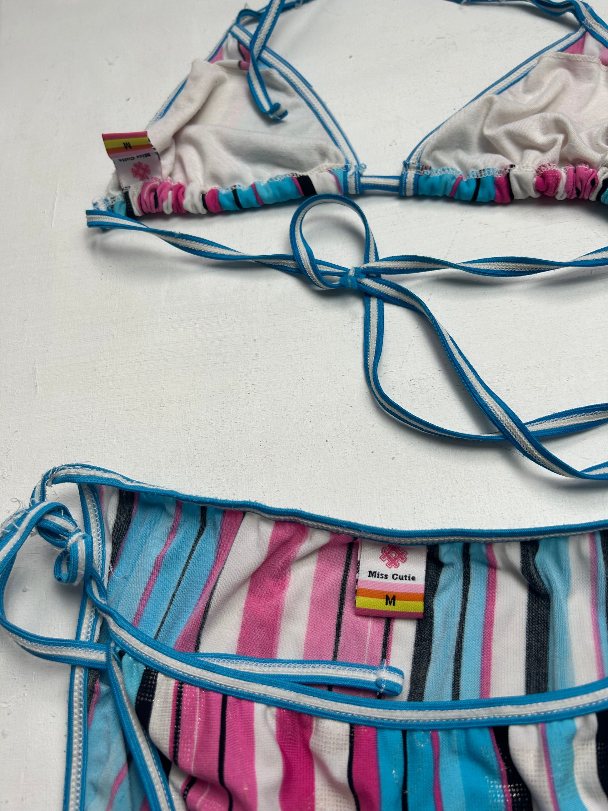 Blue & pink striped ajustable bikini set (M)