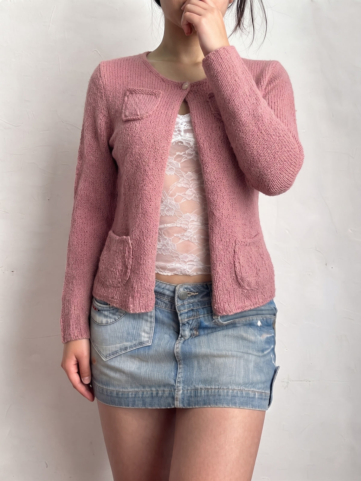 Pink knitted cardigan jumper (L)
