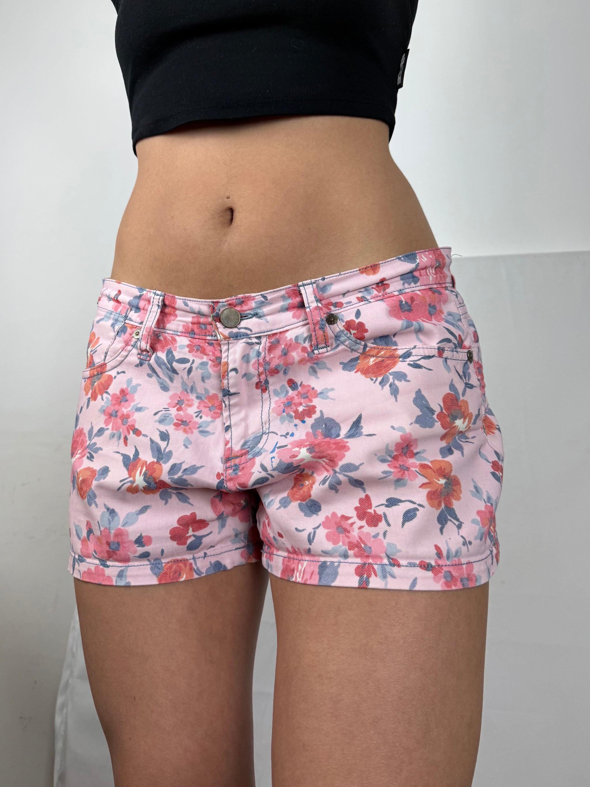 Pink floral low rise denim mini short (XL)