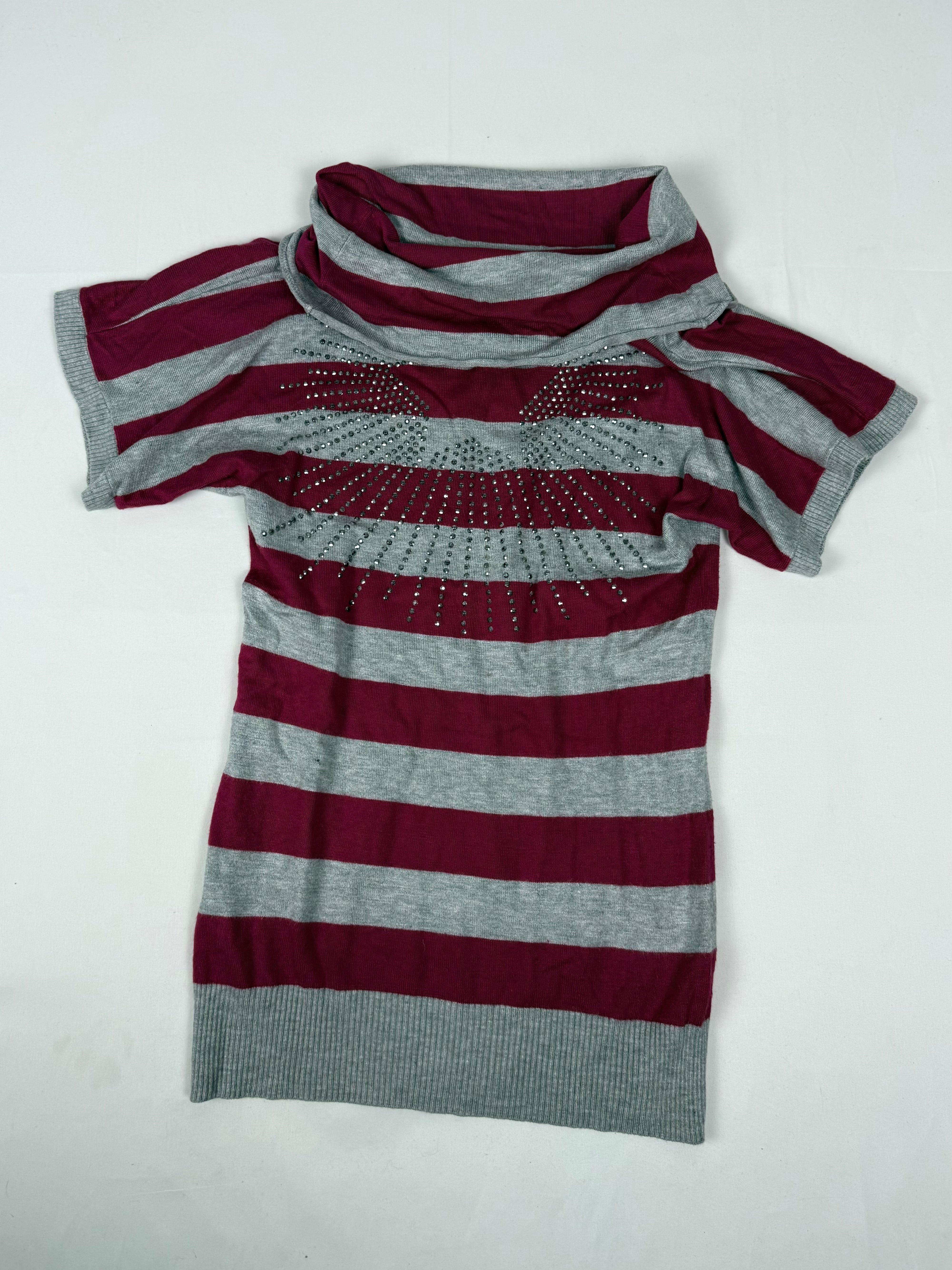 Grey & red striped rhinestones angels knitted tee (S/M)