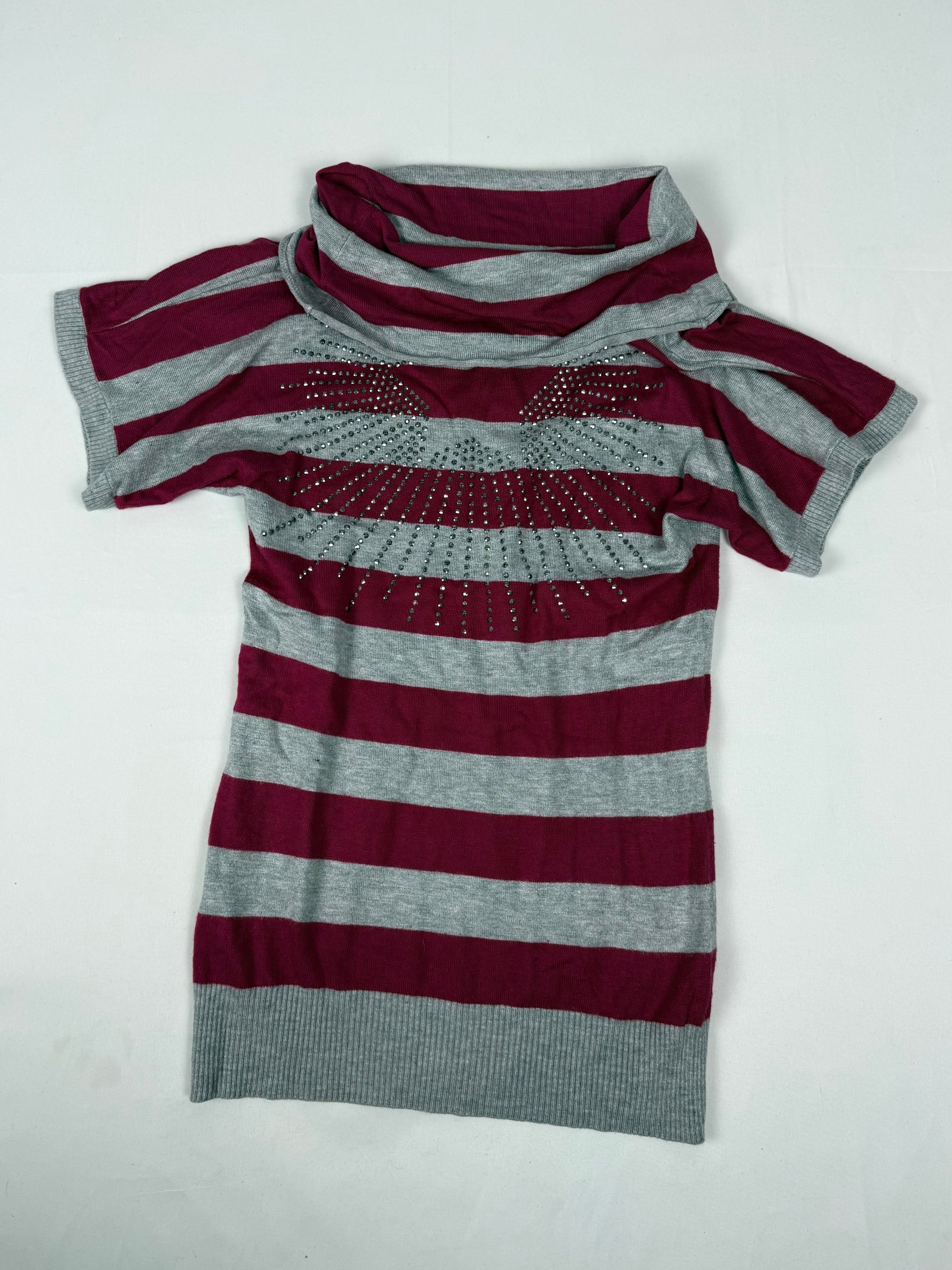 Grey & red striped rhinestones angels knitted tee (S/M)