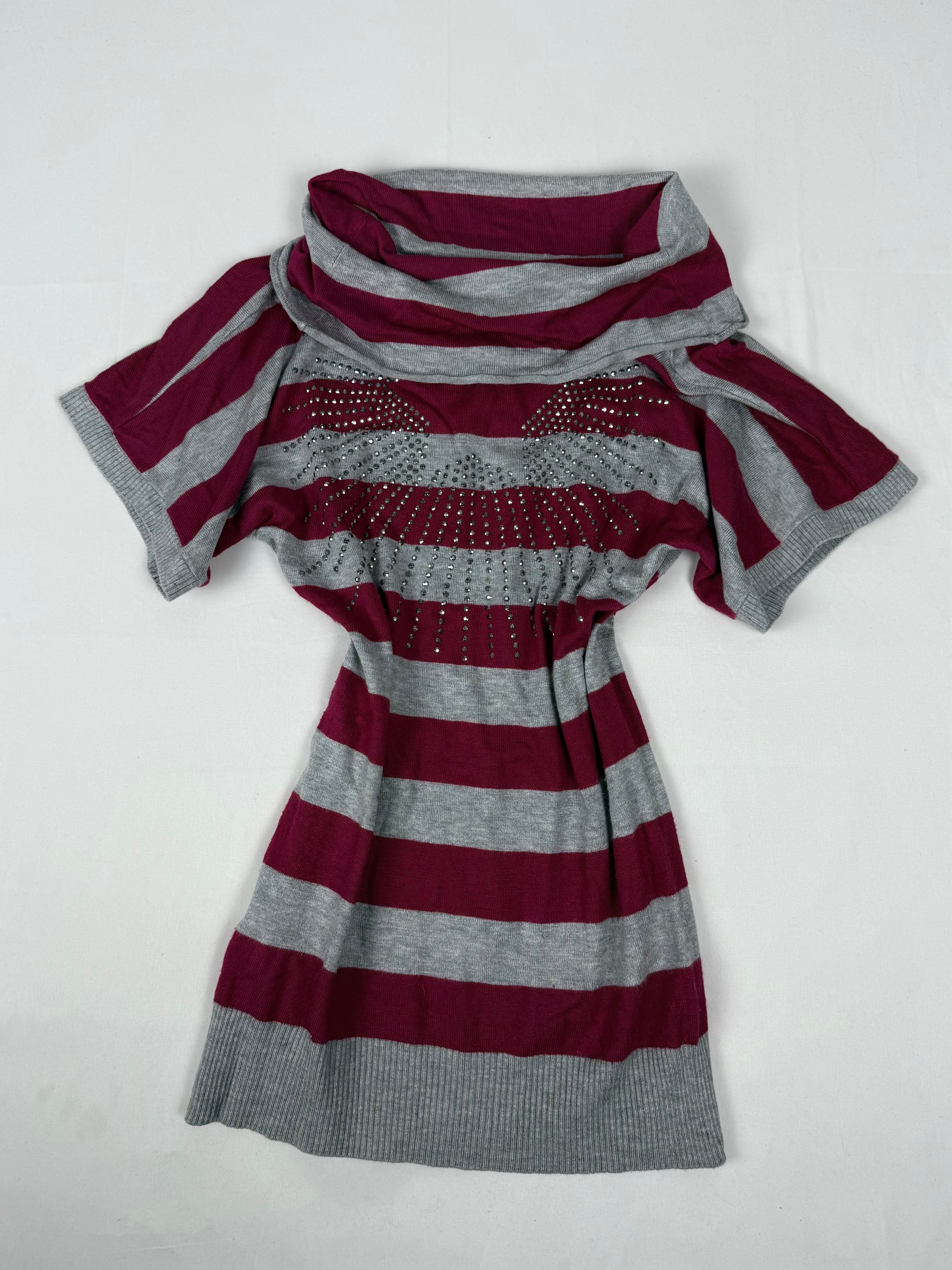 Grey & red striped rhinestones angels knitted tee (S/M)