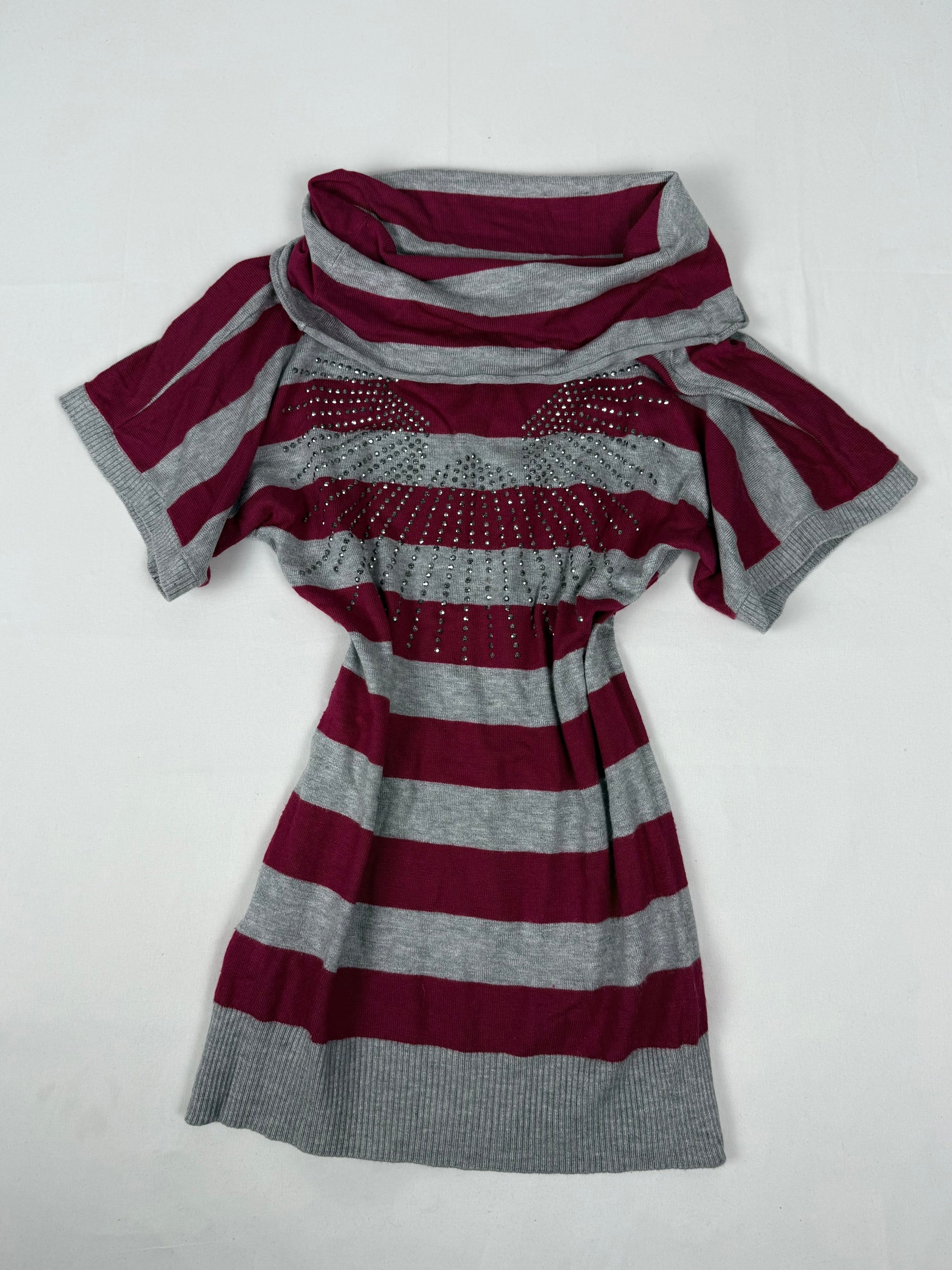 Grey & red striped rhinestones angels knitted tee (S/M)