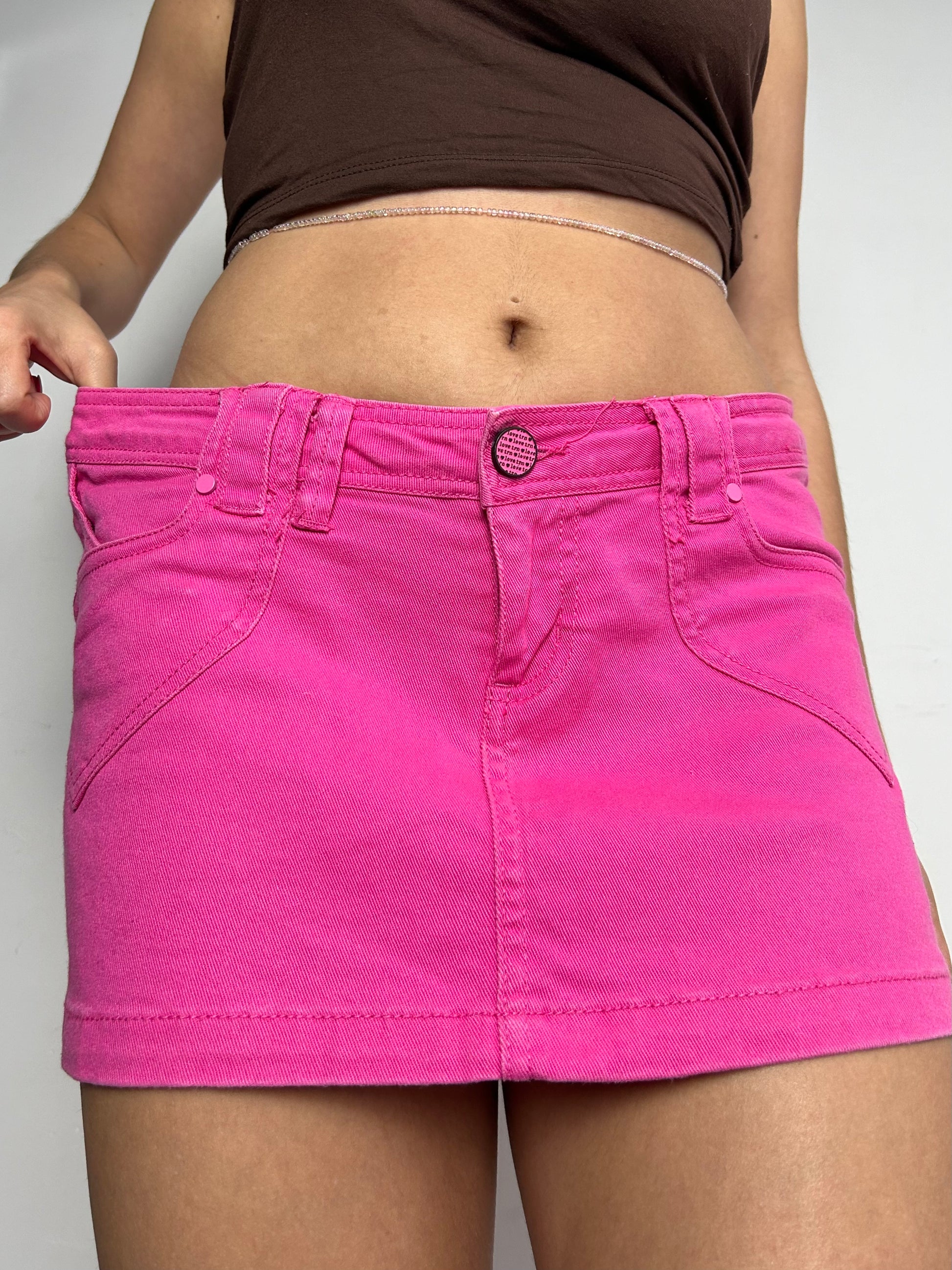 Pink denim low rise mini y2k 90s vintage skirt (M)