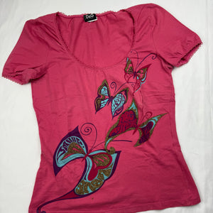 Pink butterfly print cotton stretchy tee (L)