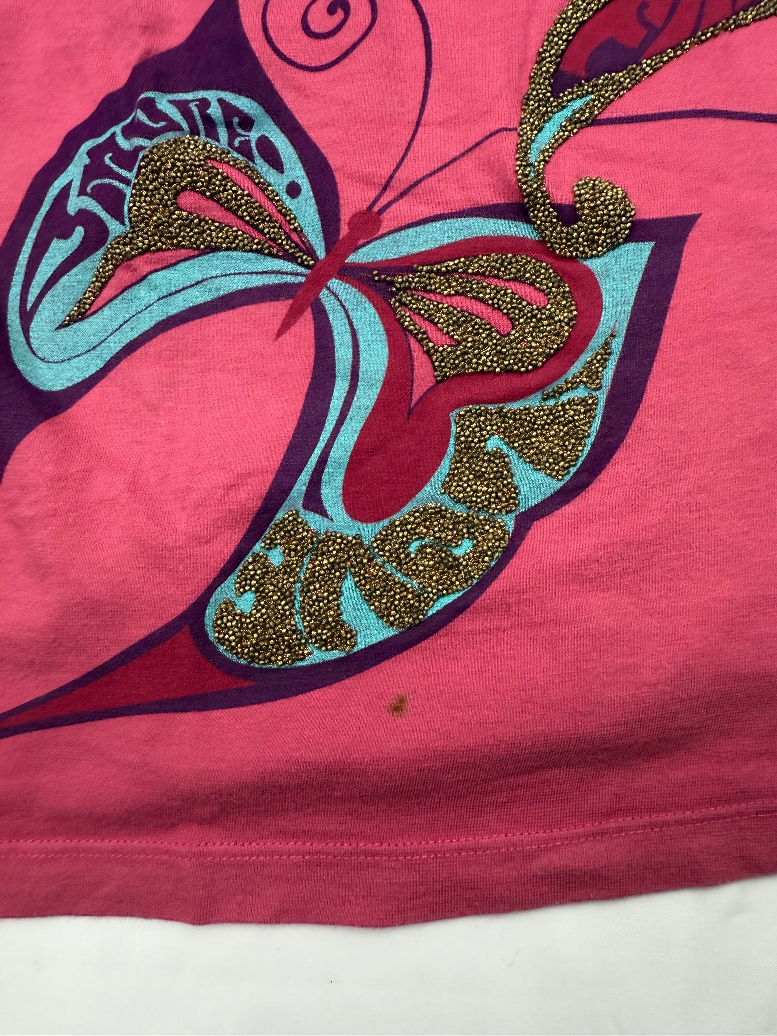 Pink butterfly print cotton stretchy tee (L)