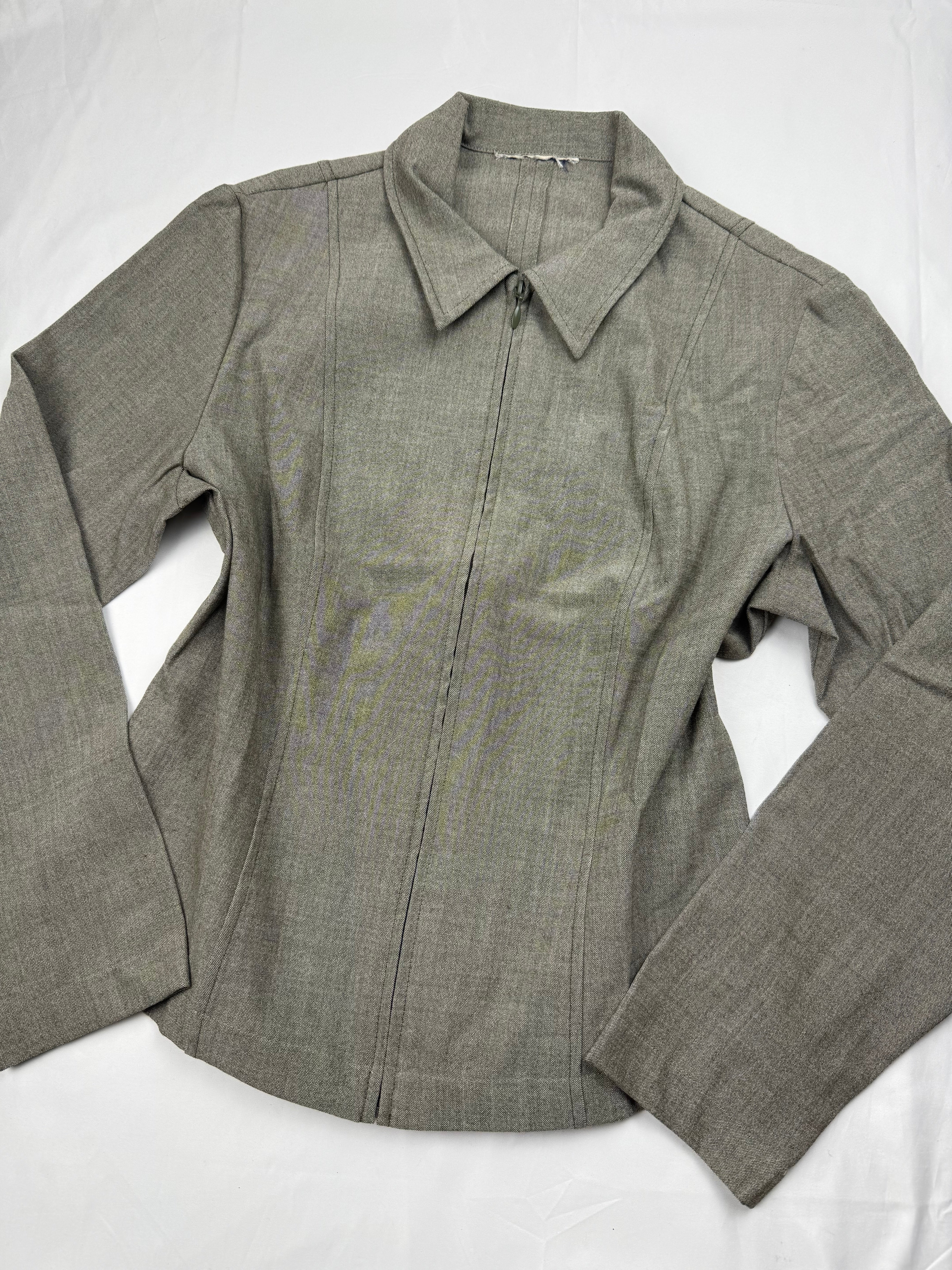 Khaki zip up office blazer jacket (L)