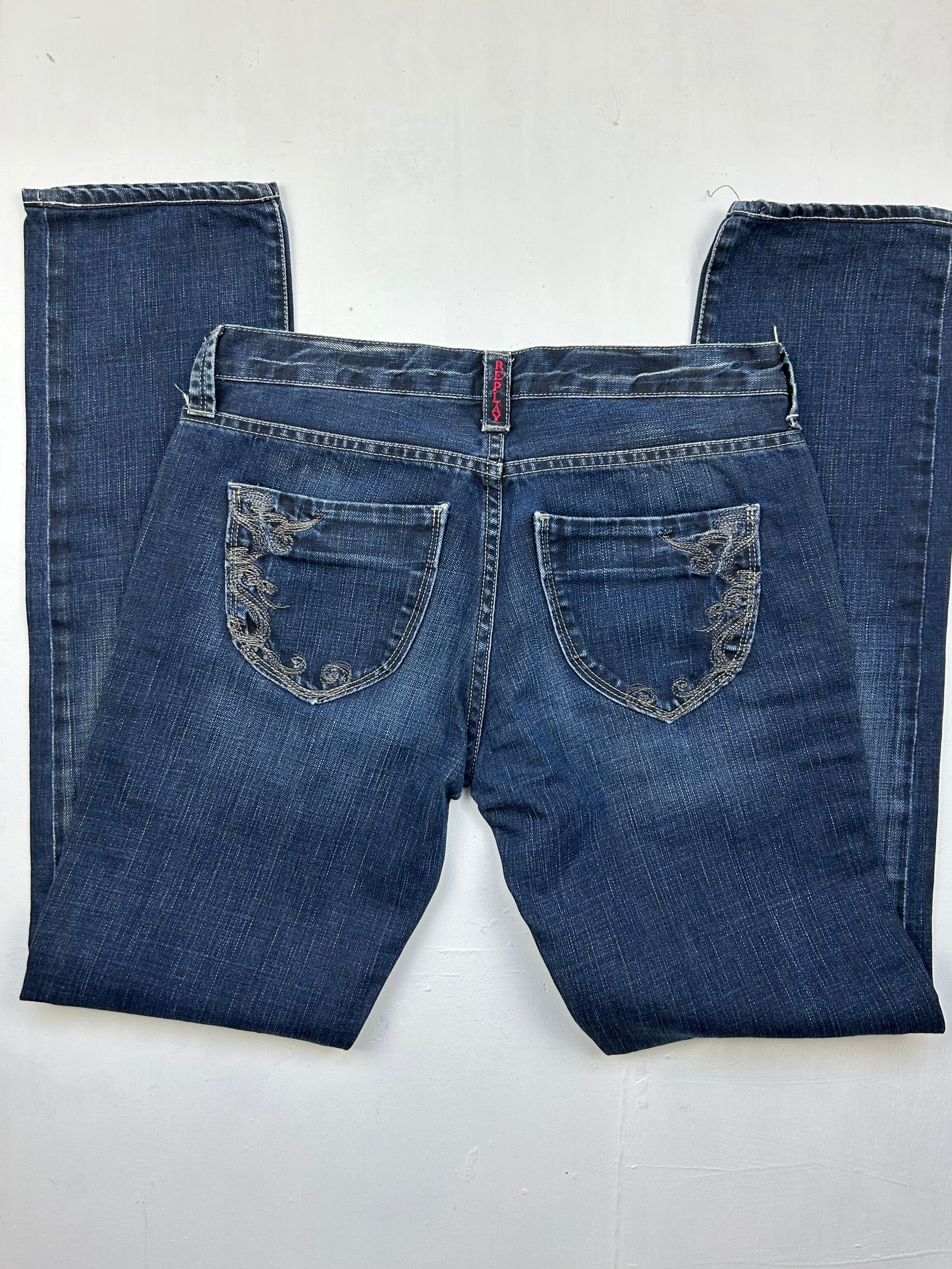 Navy blue  low rise straight legs denim pants (S)