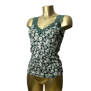 Green floral lace neck cami top (M)