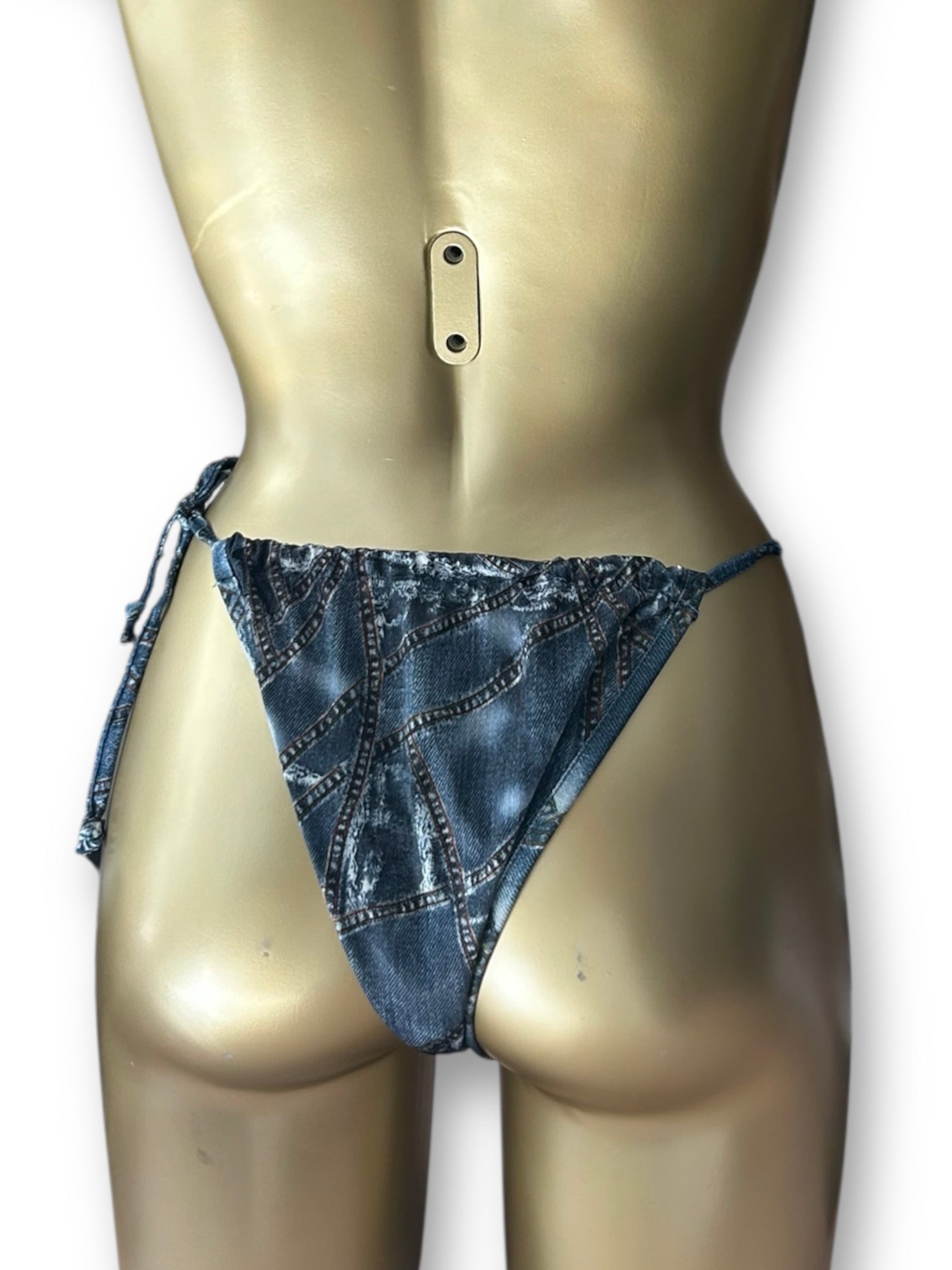 Blue denim print low rise bikini bottom (S/M)