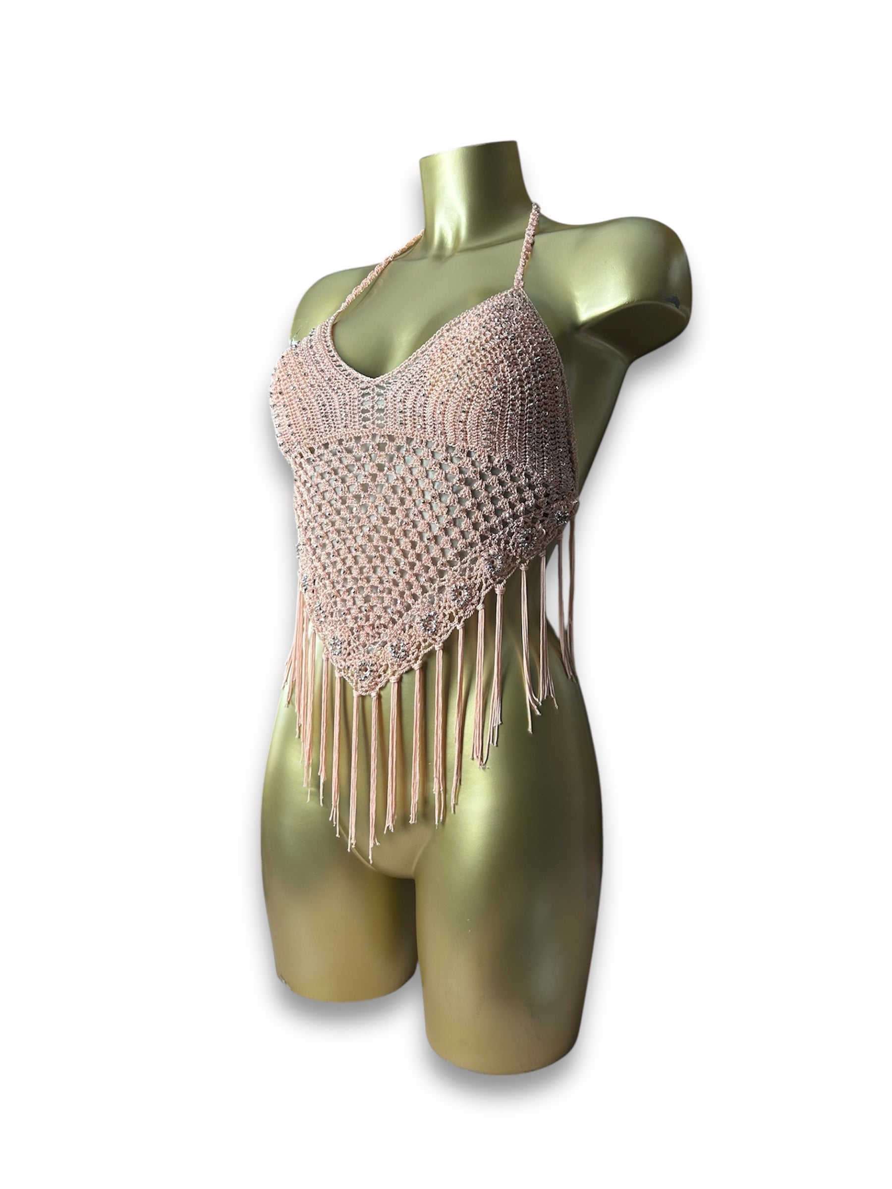 Pink crochet lined halter top (S)