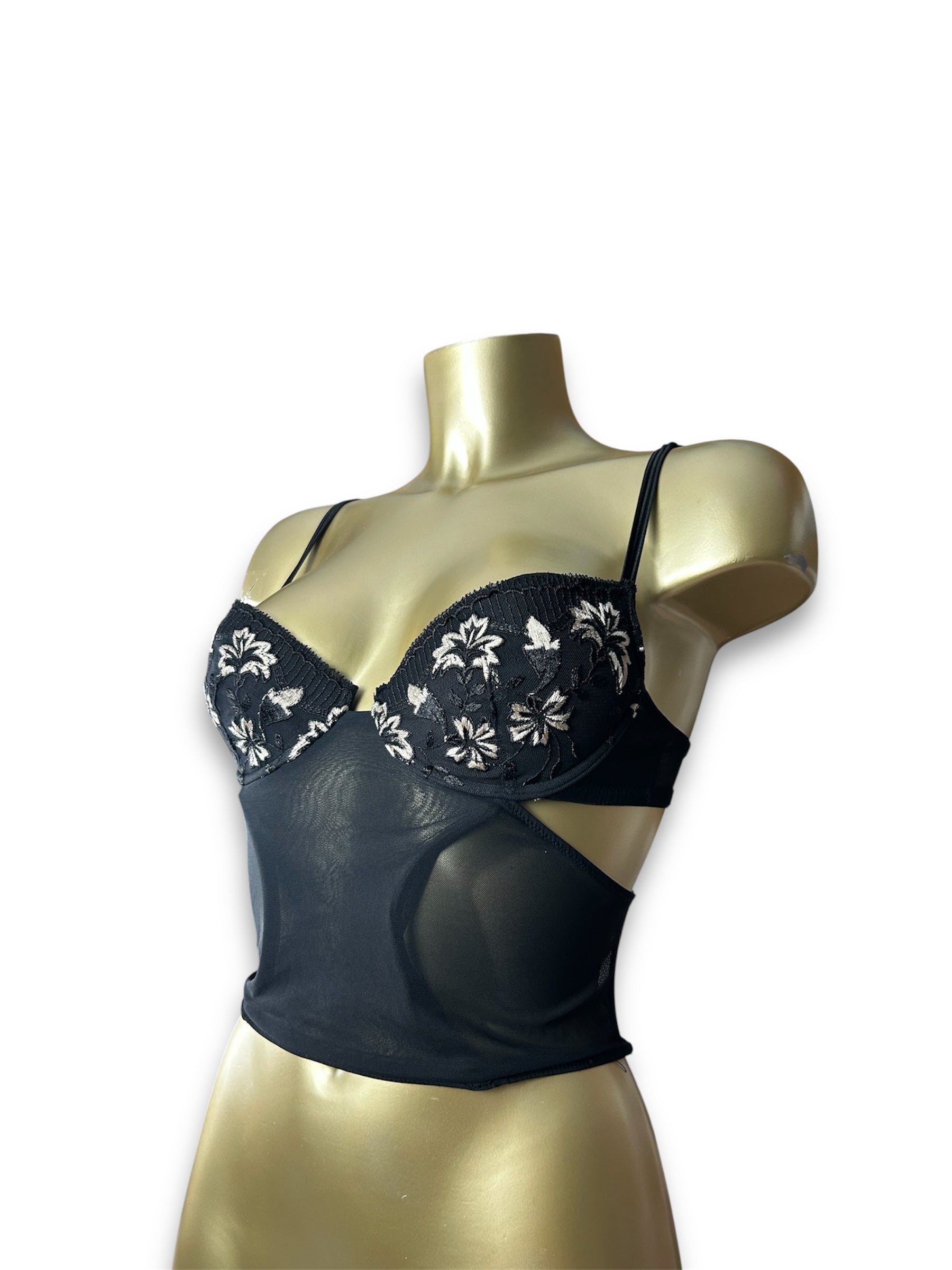 Black mesh embroidered corset top (S)