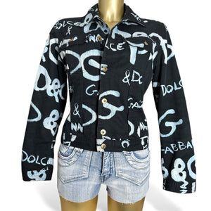 Black graffiti denim tight fit biker jacket (S)