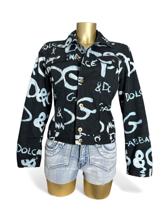 Black graffiti denim tight fit biker jacket (S)